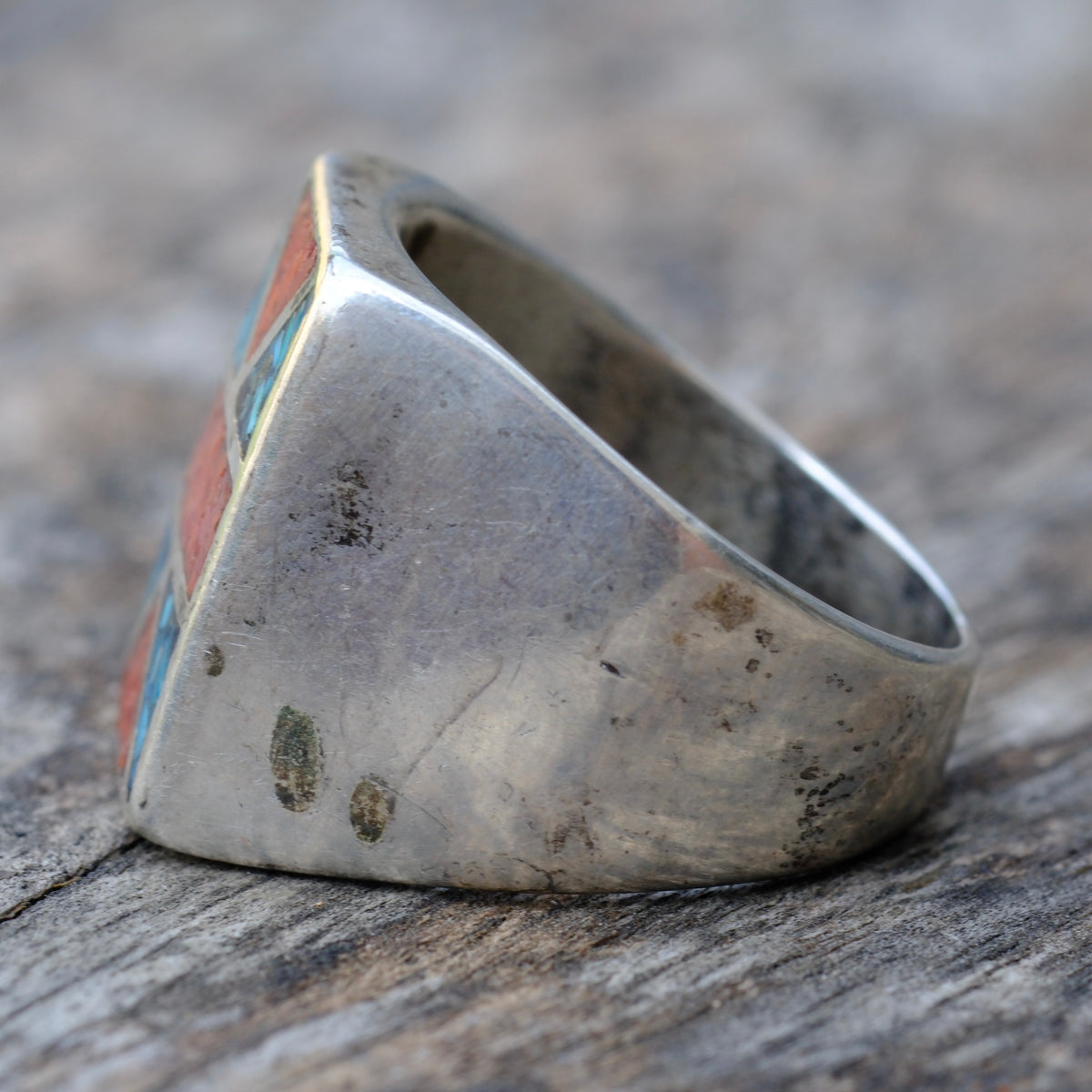 Vintage Sterling Turquoise and Coral Inlay Ring 9.5