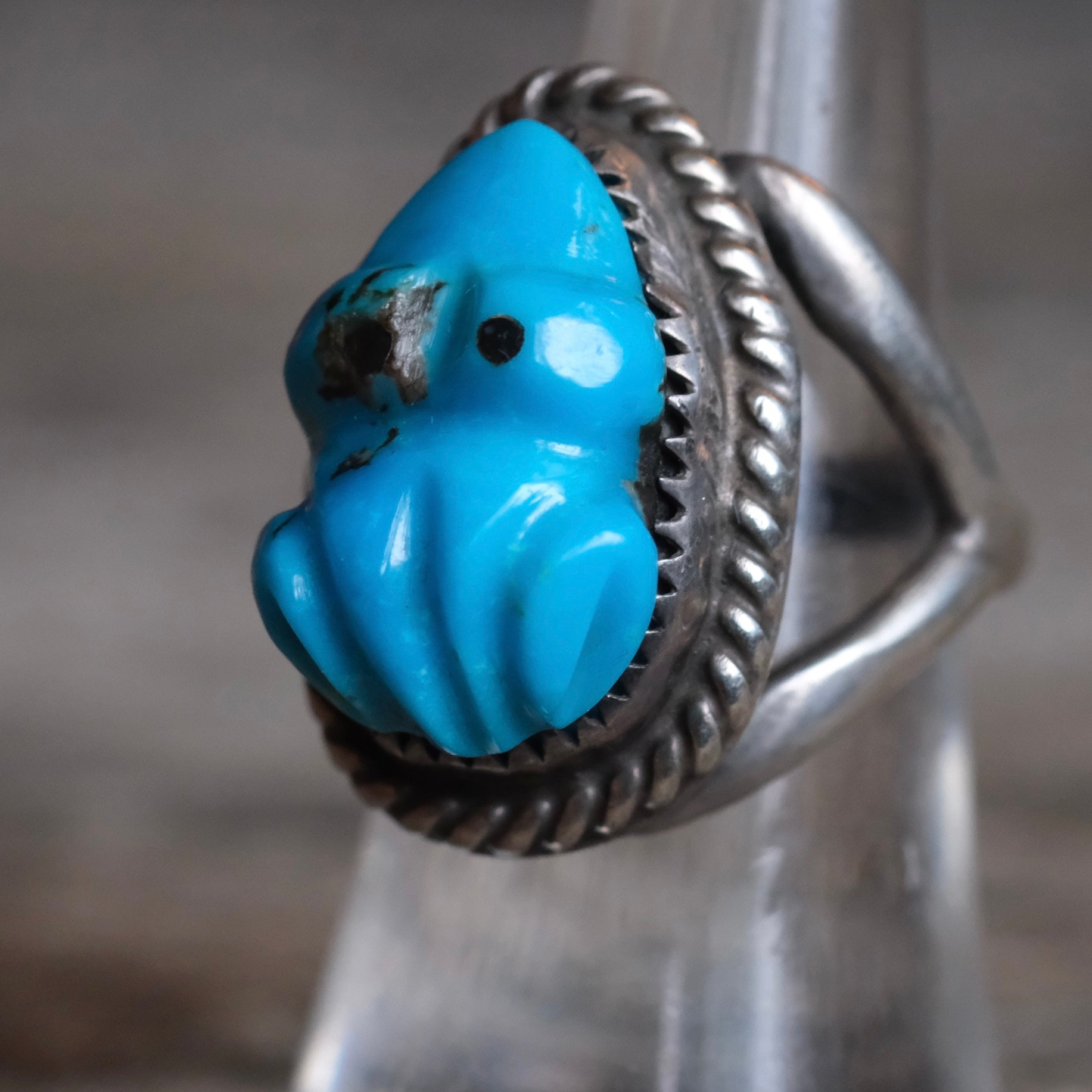 Vintage Sterling Carved Turquoise Frog Ring 7