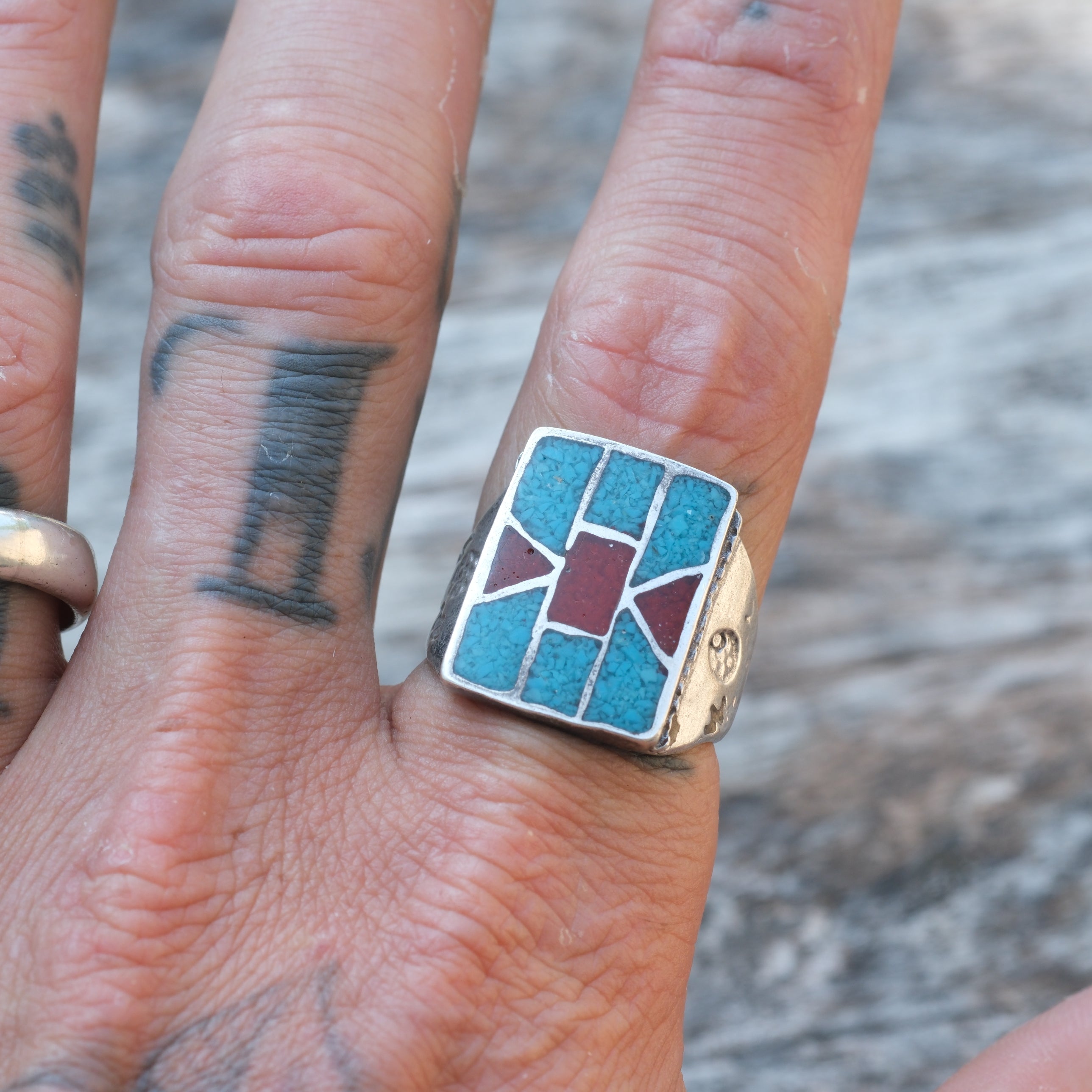 Vintage Sterling Turquoise and Coral Inlay Ring 10