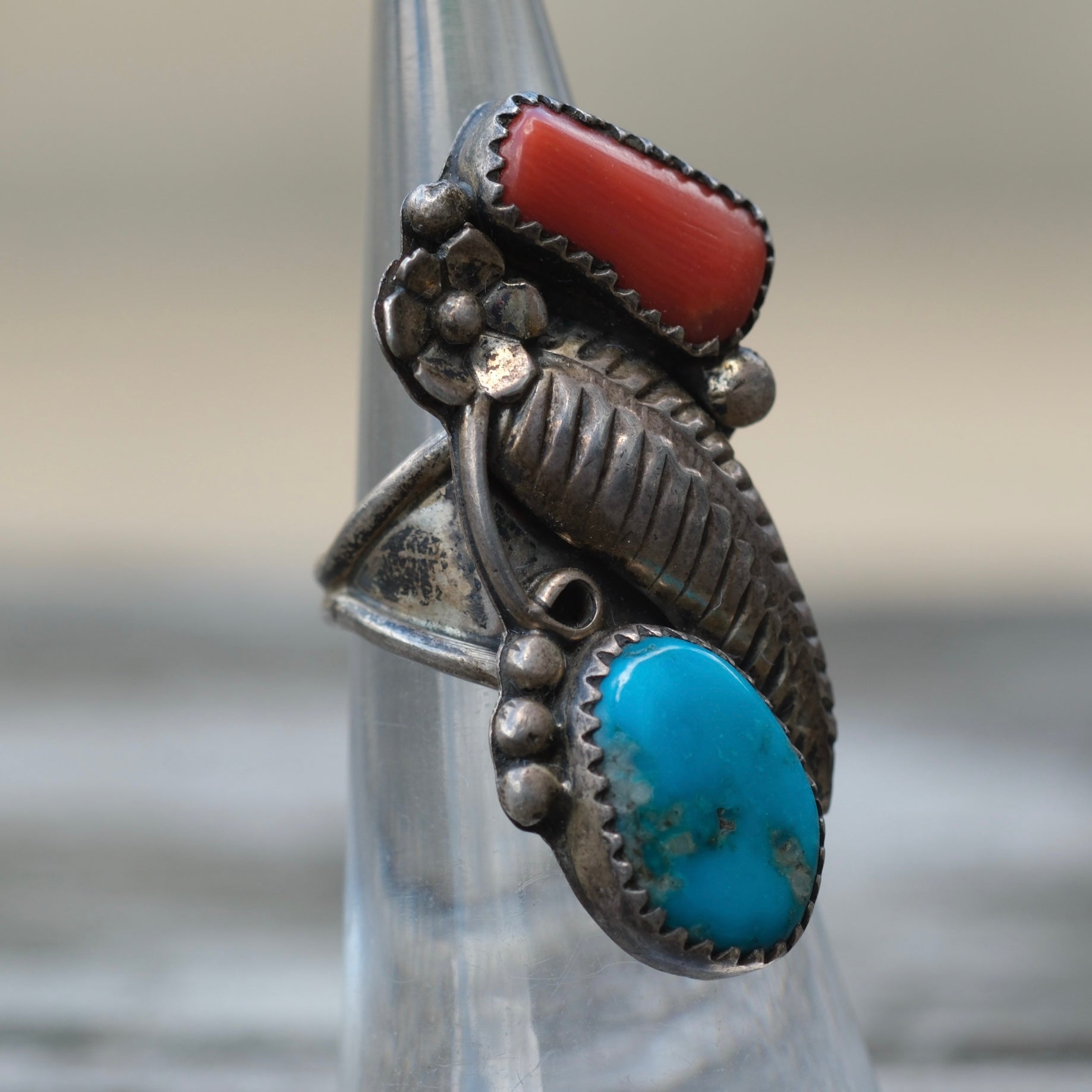 Vintage Sterling Turquoise and Coral Feather Ring 4.5