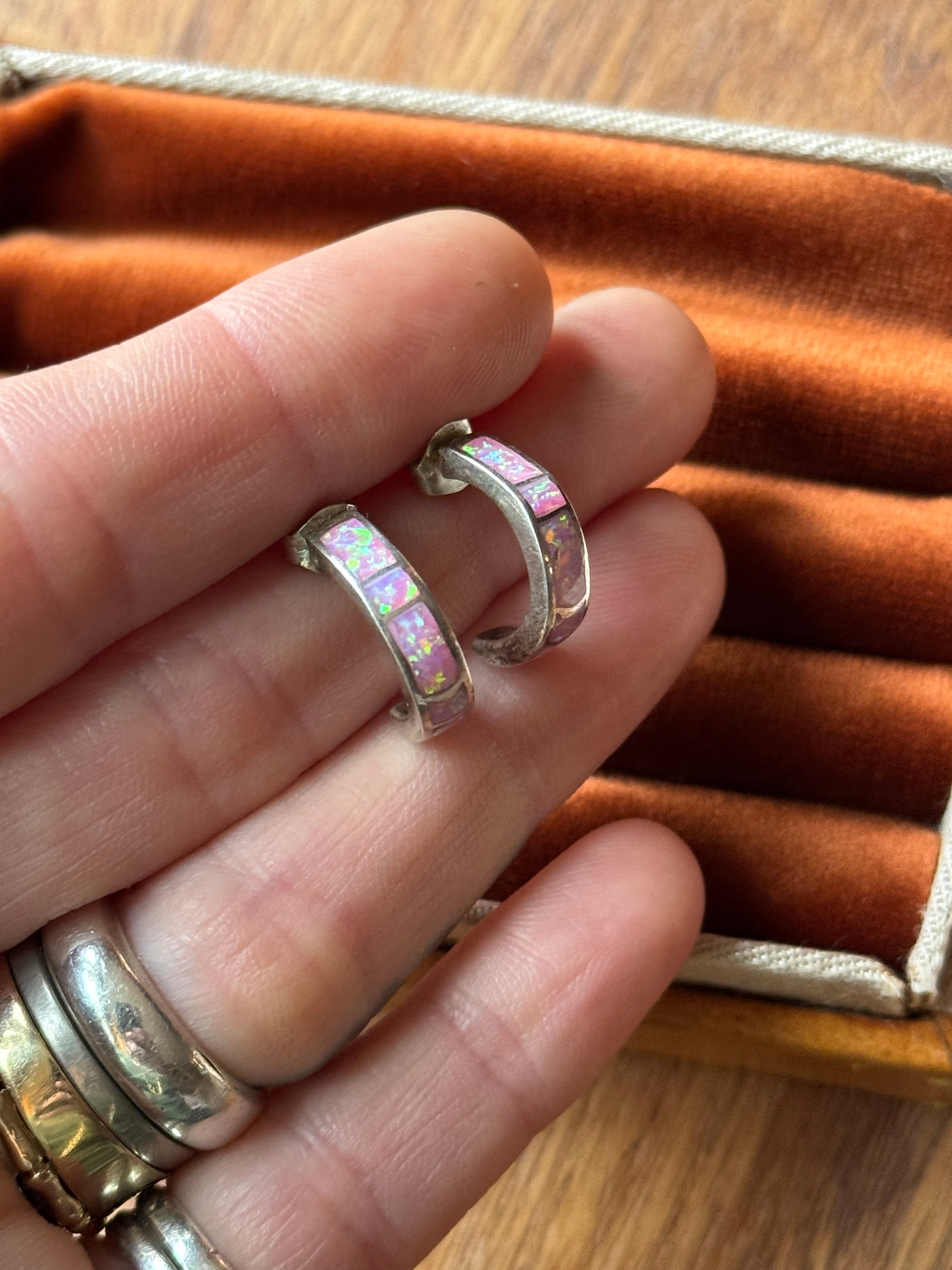 Vintage Sterling Silver Pink Opal Half Hoops