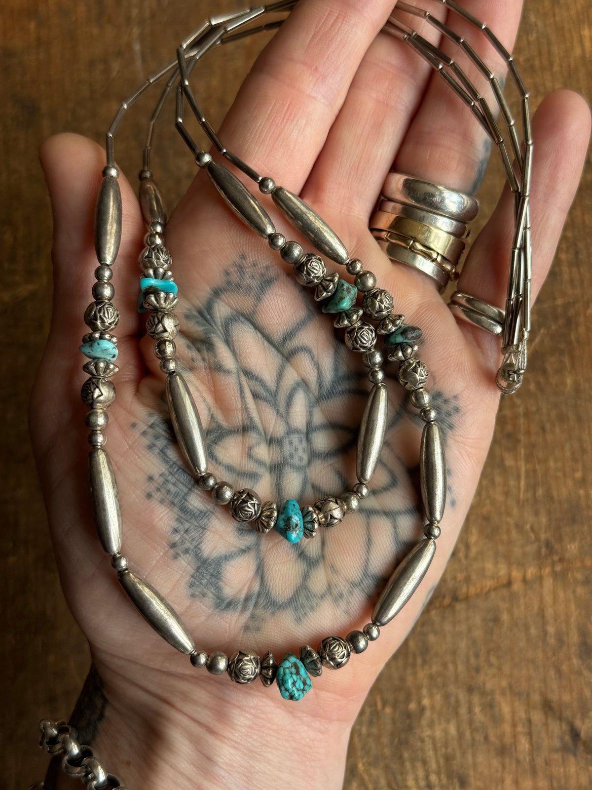 Vintage Raw Turquoise & Sterling Silver Double Strand Liquid Silver Beaded Necklace