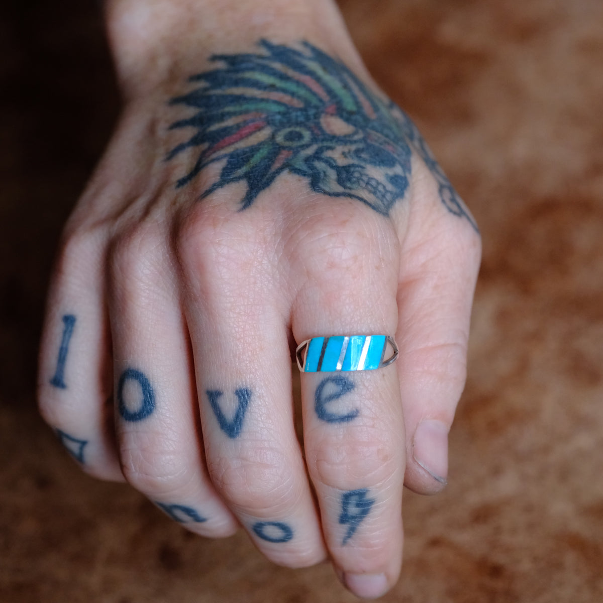 Vintage Sterling Turquoise Inlay Band 8.5