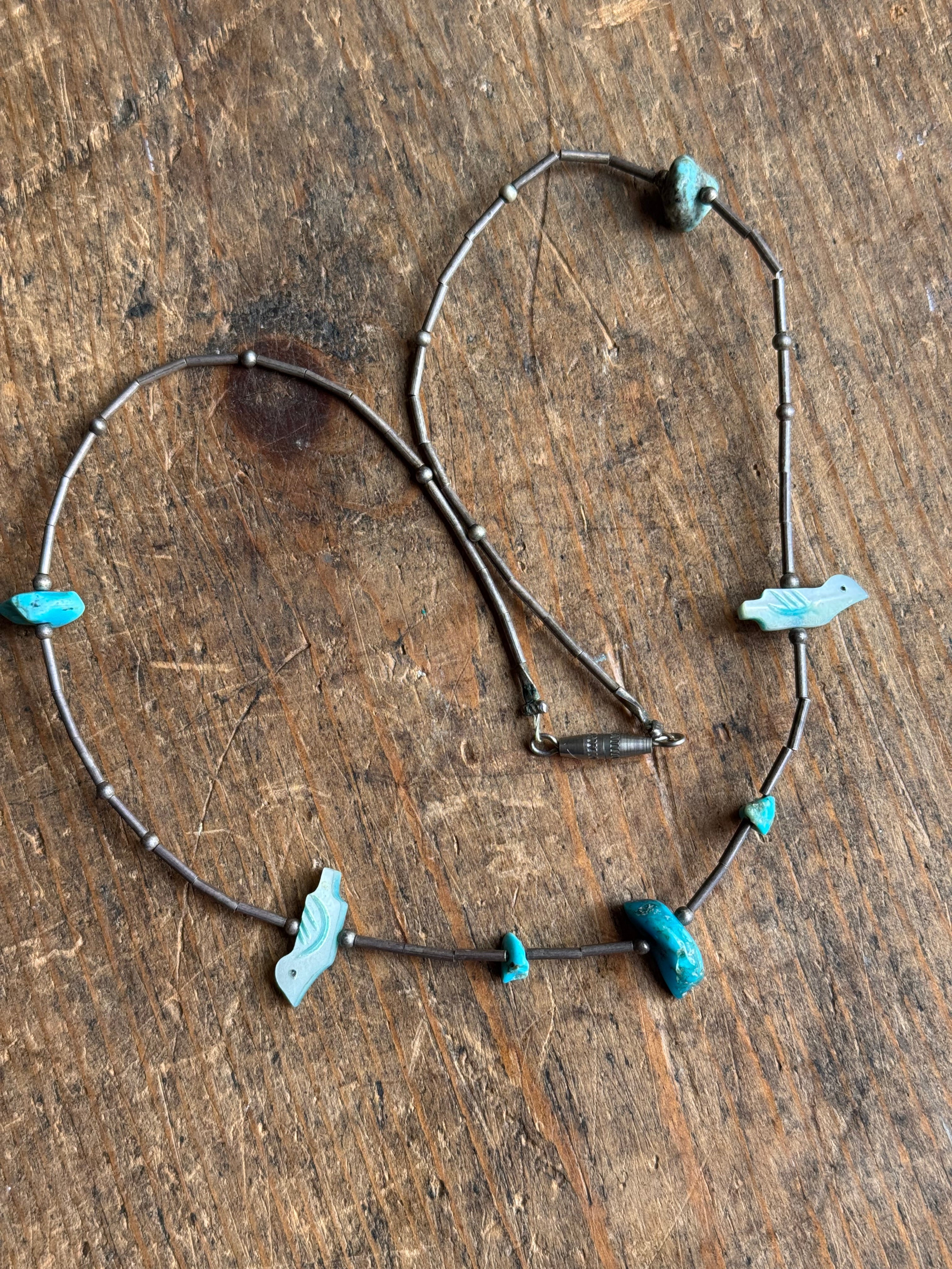 Vintage Sterling Silver Turquoise & Mother Of Pearl Fetish Necklace