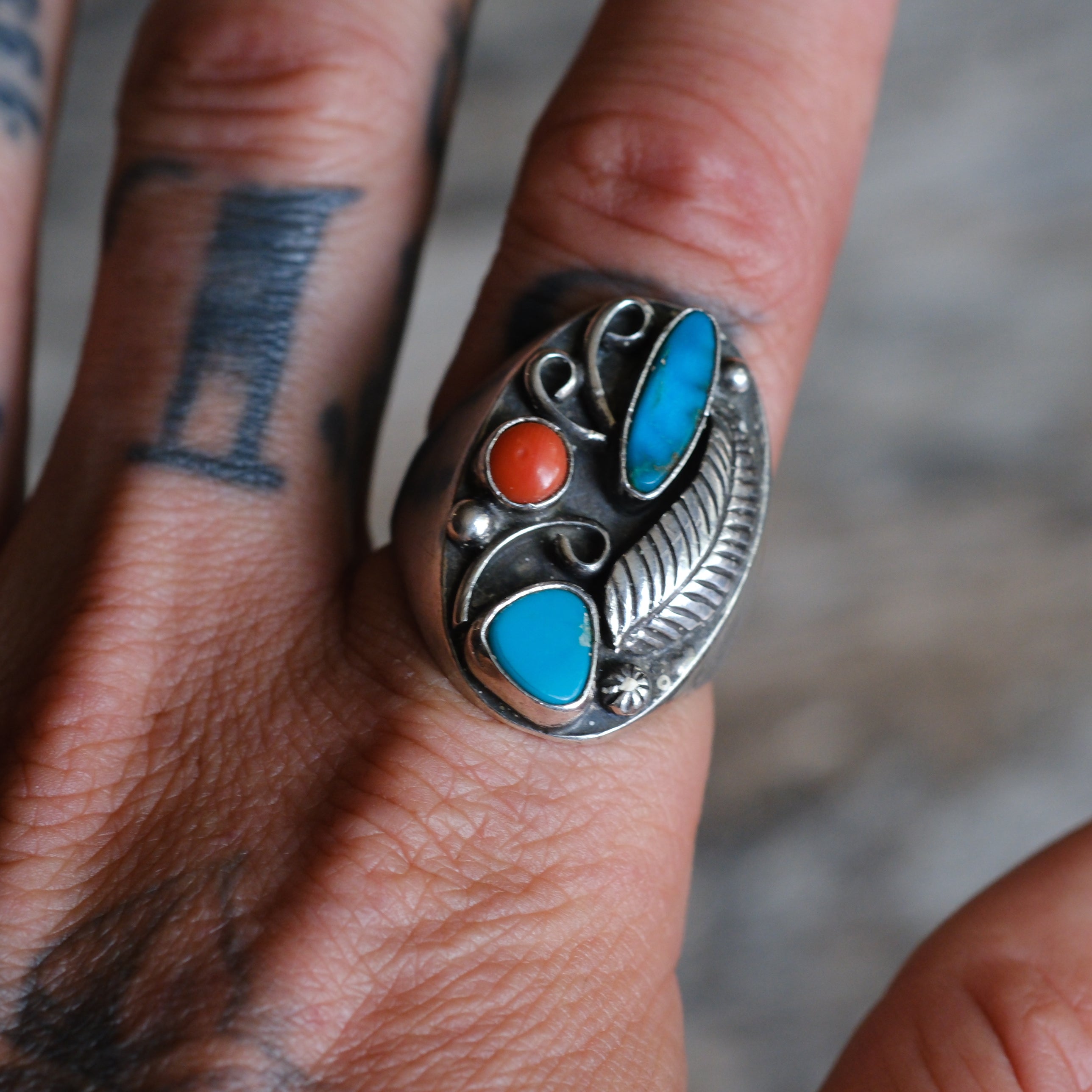 Vintage Sterling Turquoise and Coral Feather Ring 12