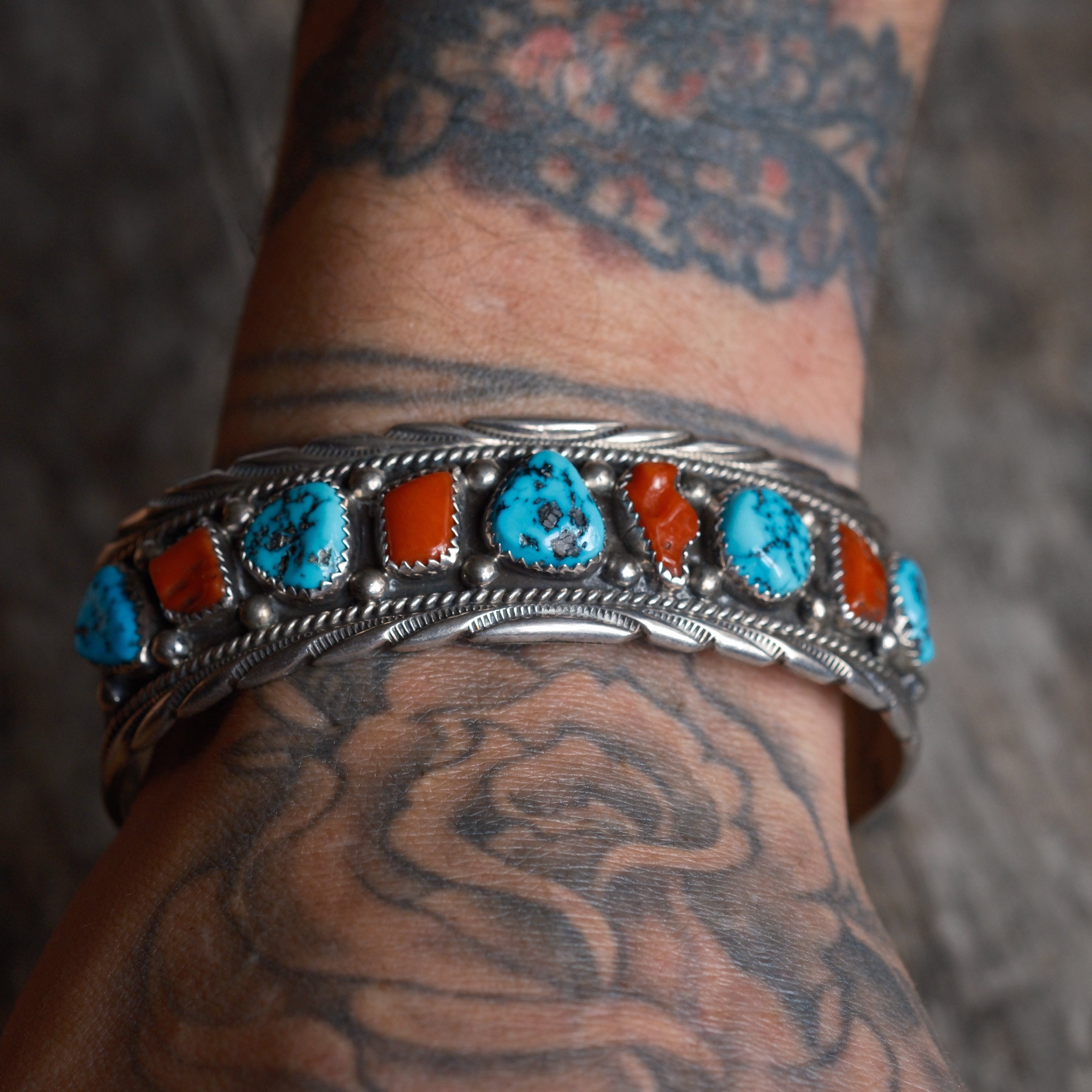 Large Vintage Sterling Turquoise and Coral Cuff Bracelet