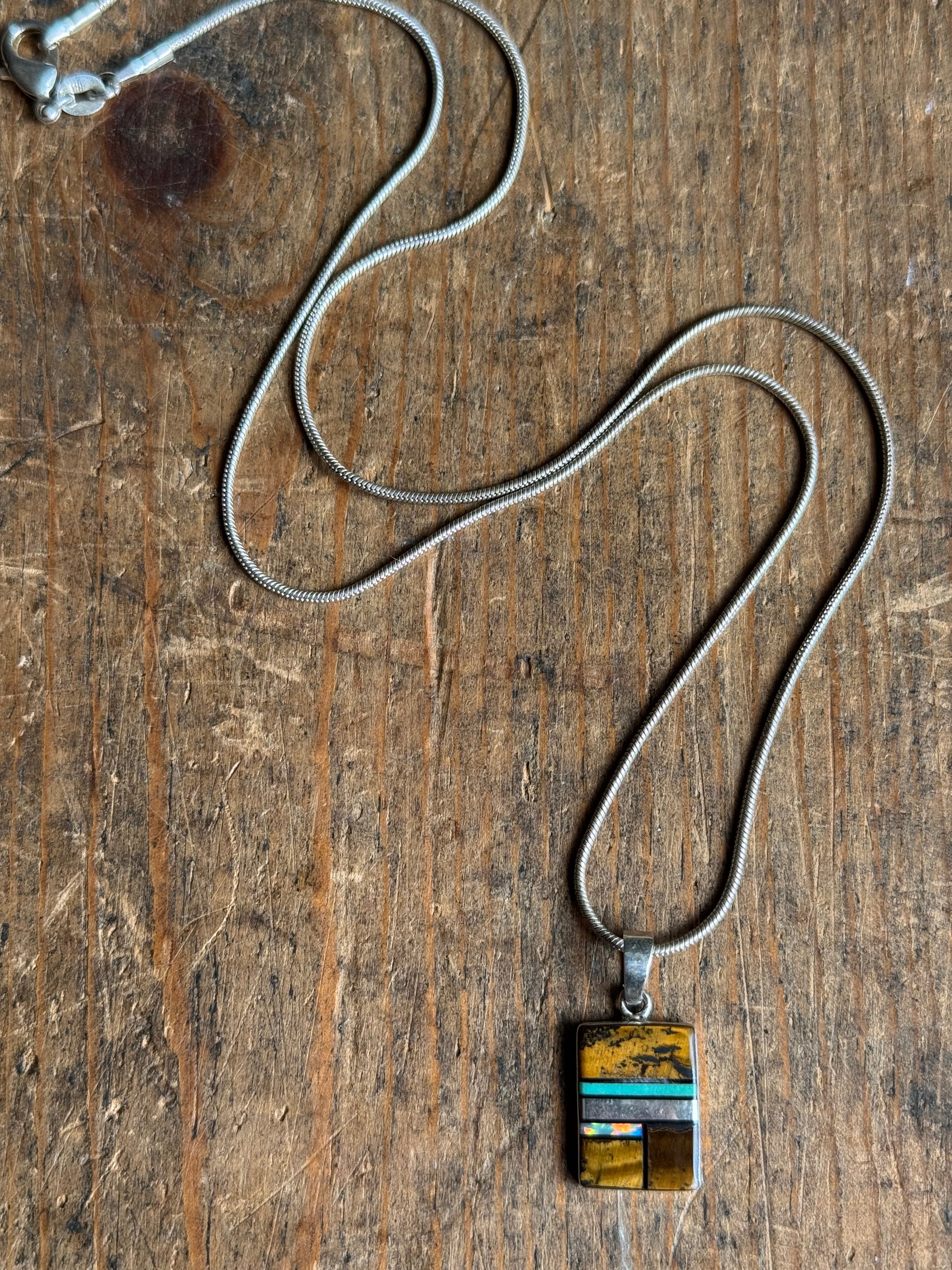 Vintage Sterling Silver Multistone Inlay Square 20" Necklace