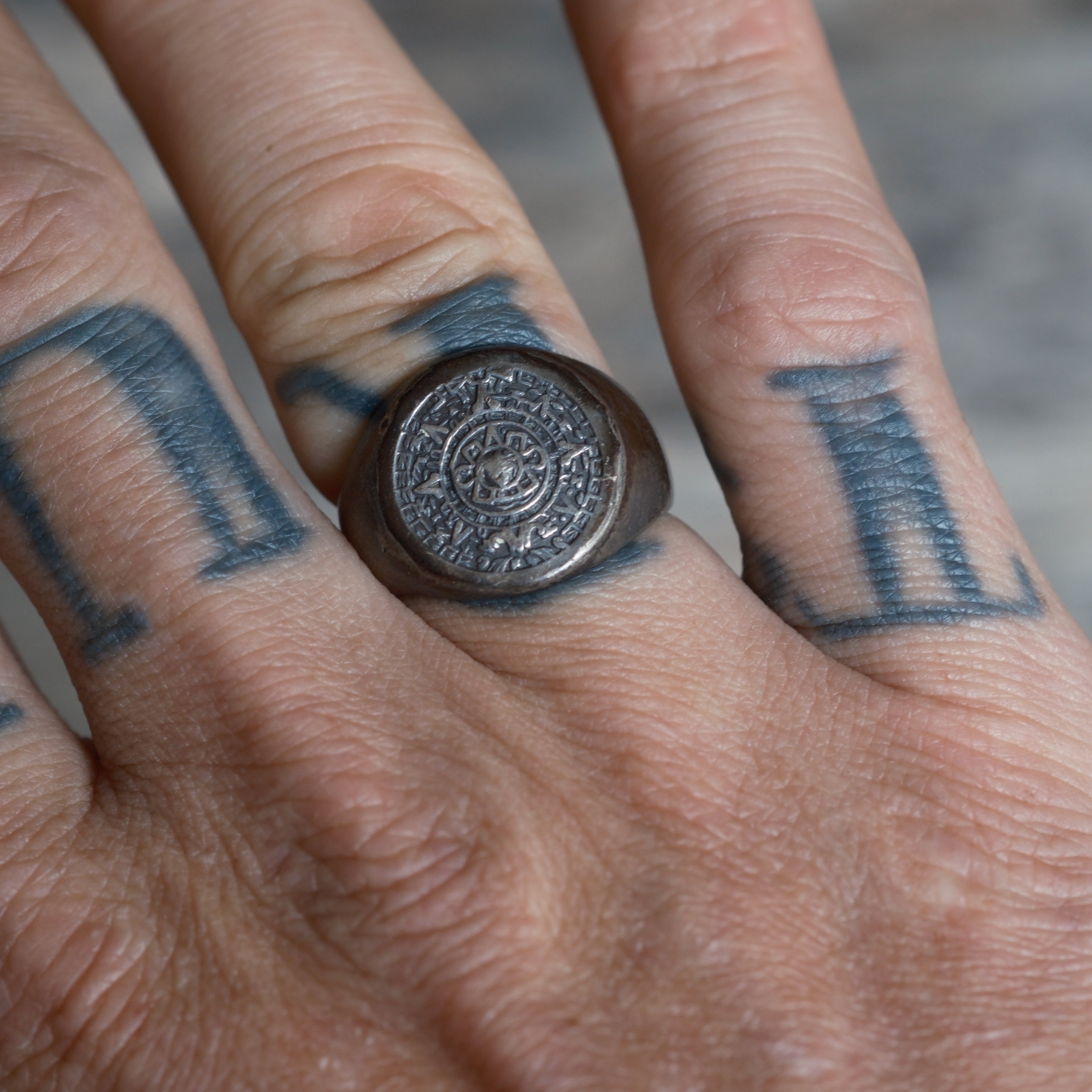 Vintage Sterling Silver Aztec Calendar Ring 7.5