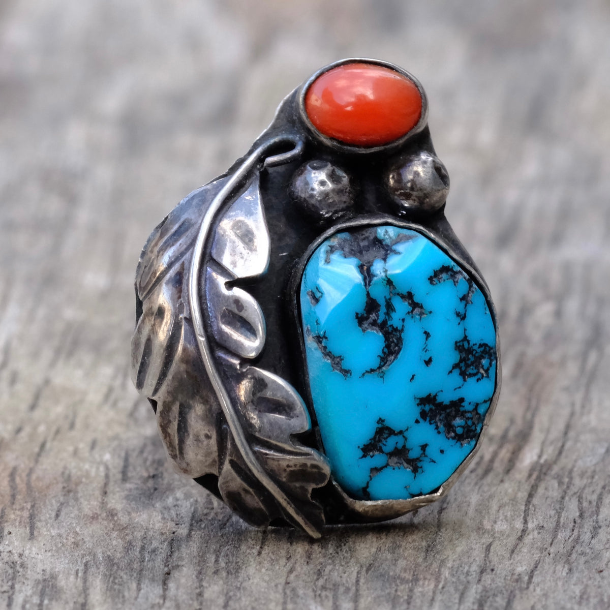 Vintage Sterling Turquoise and Coral Feather Ring 7