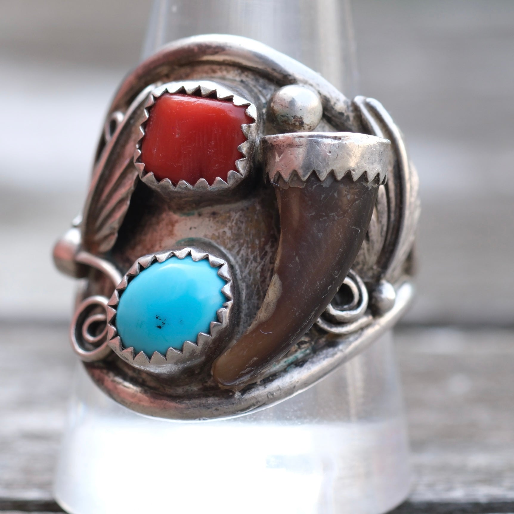 Vintage Sterling Turquoise and Coral Claw Ring 11