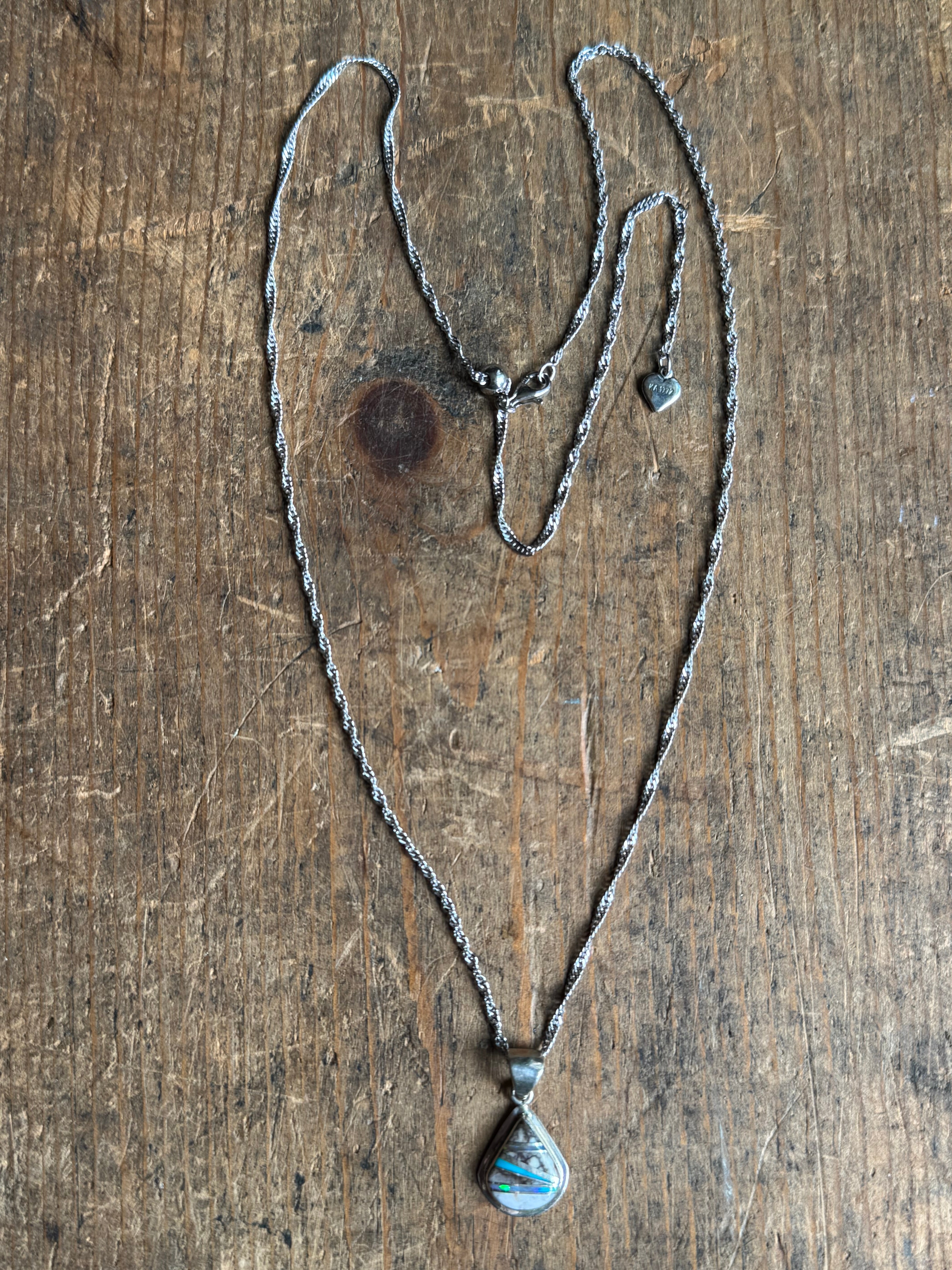 Vintage Sterling Silver Multistone Inlay Teardrop Adjustable Necklace