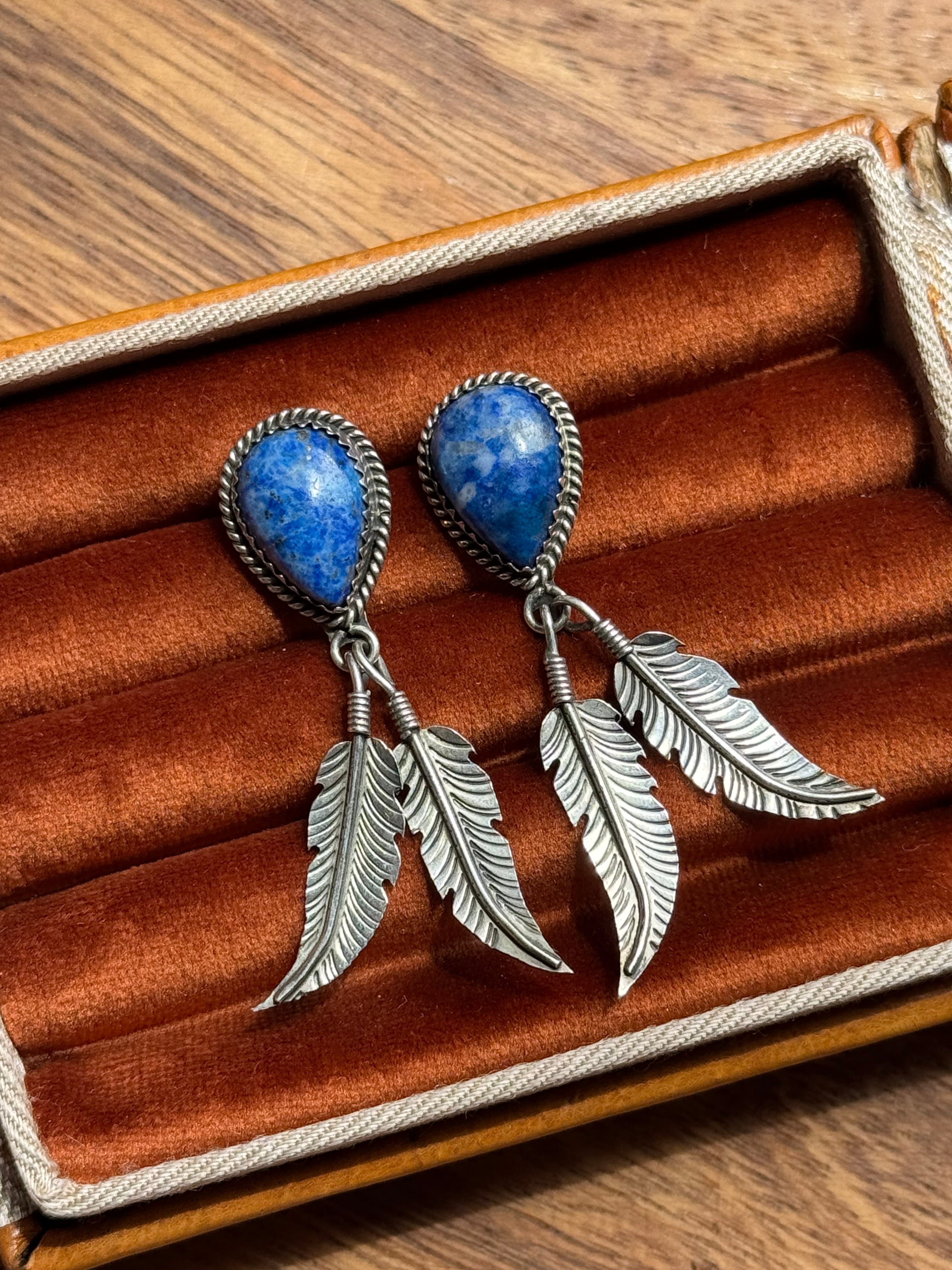 Vintage Sterling Silver Lapis Lazuli Teardrop Feather Earrings