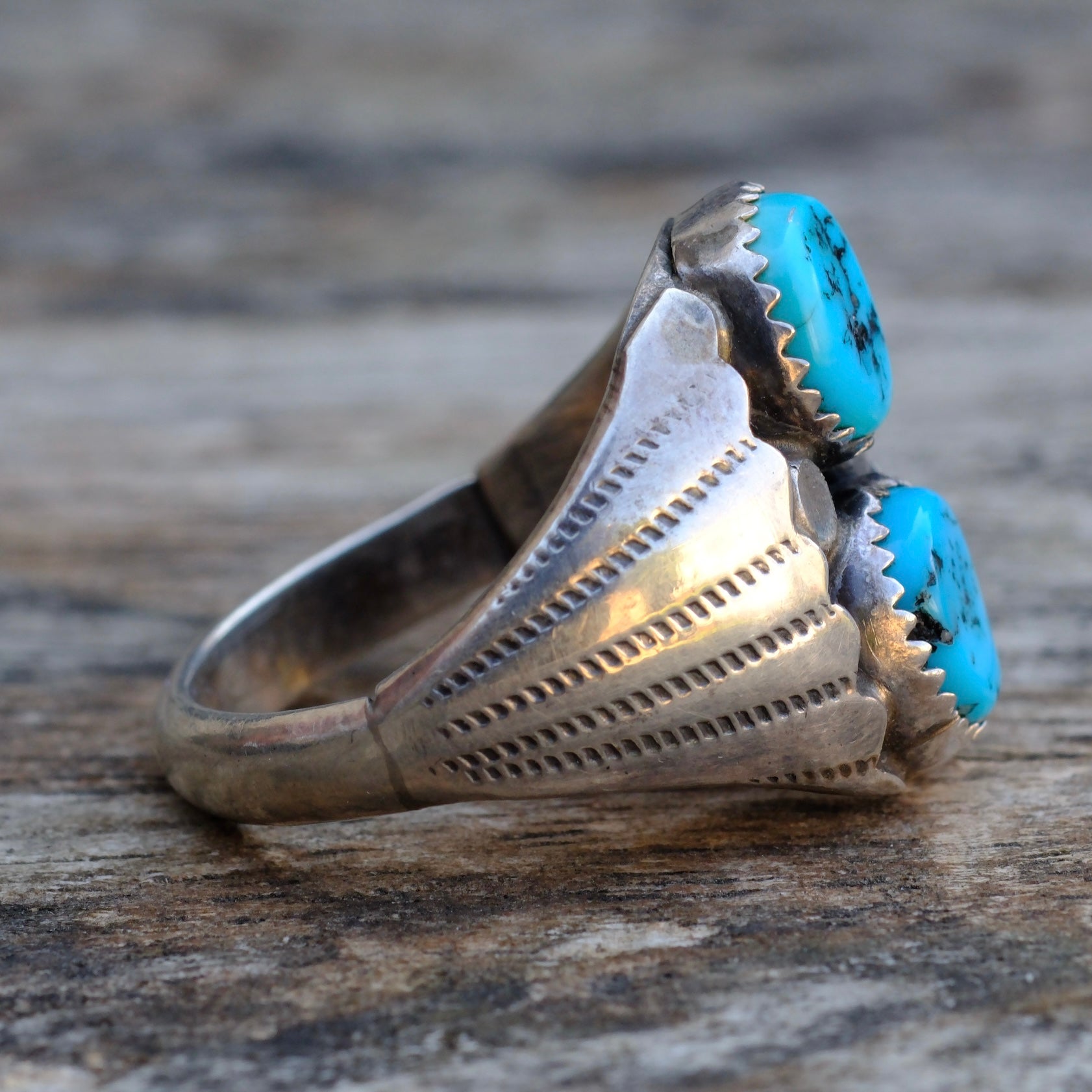 Vintage Sterling 2-Stone Turquoise Ring 10.75