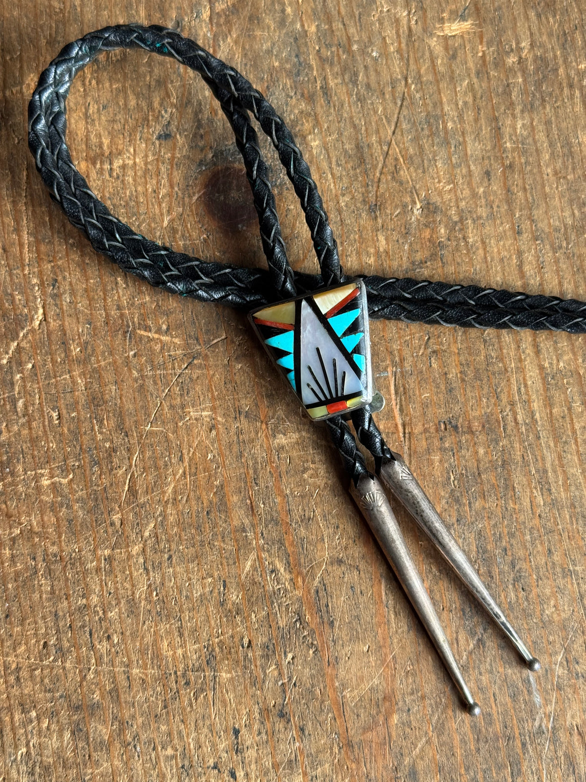 Vintage Sterling Silver Multistone Inlay Shield Bolo