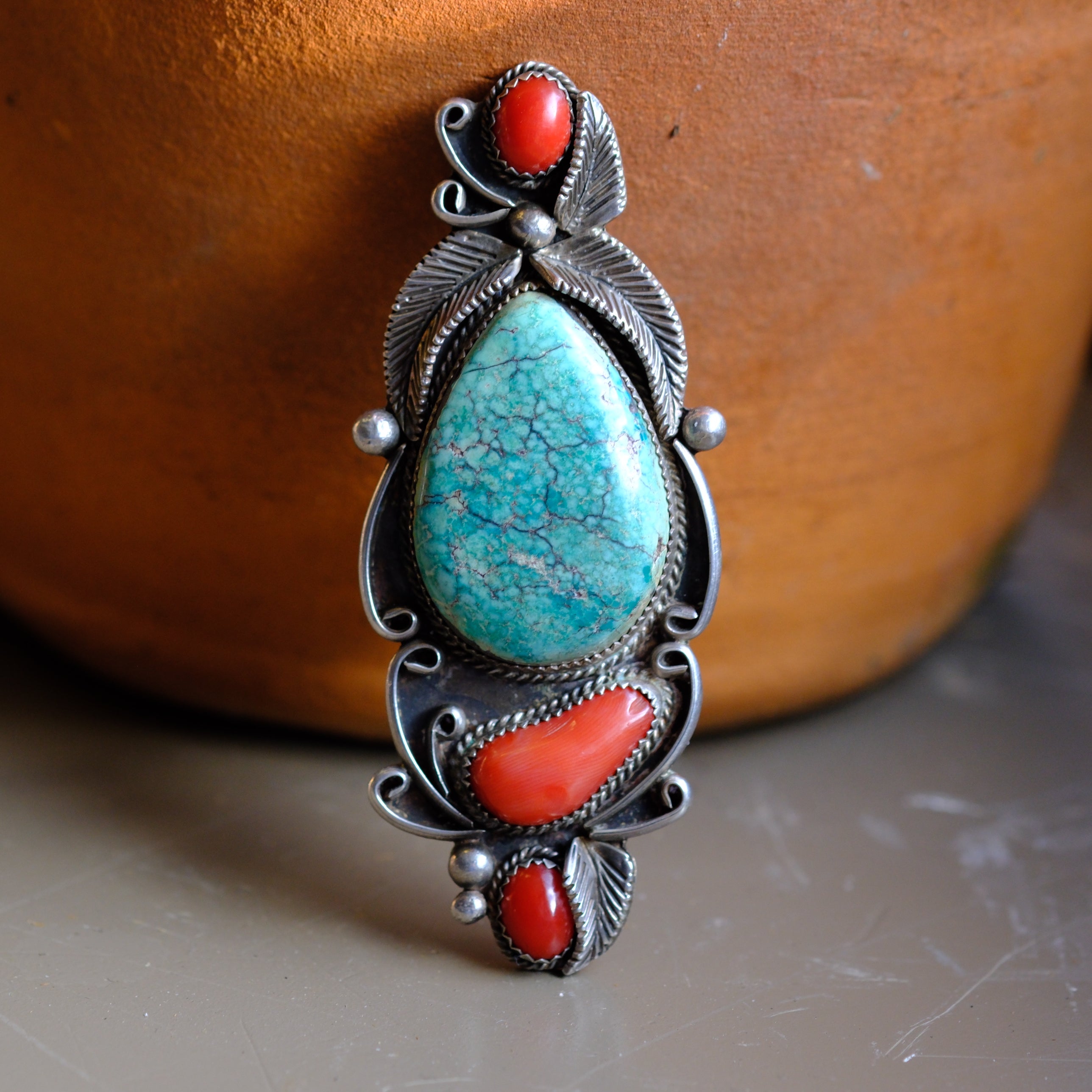 MASSIVE 3" Vintage Sterling Turquoise and Coral Feather Ring 9.5