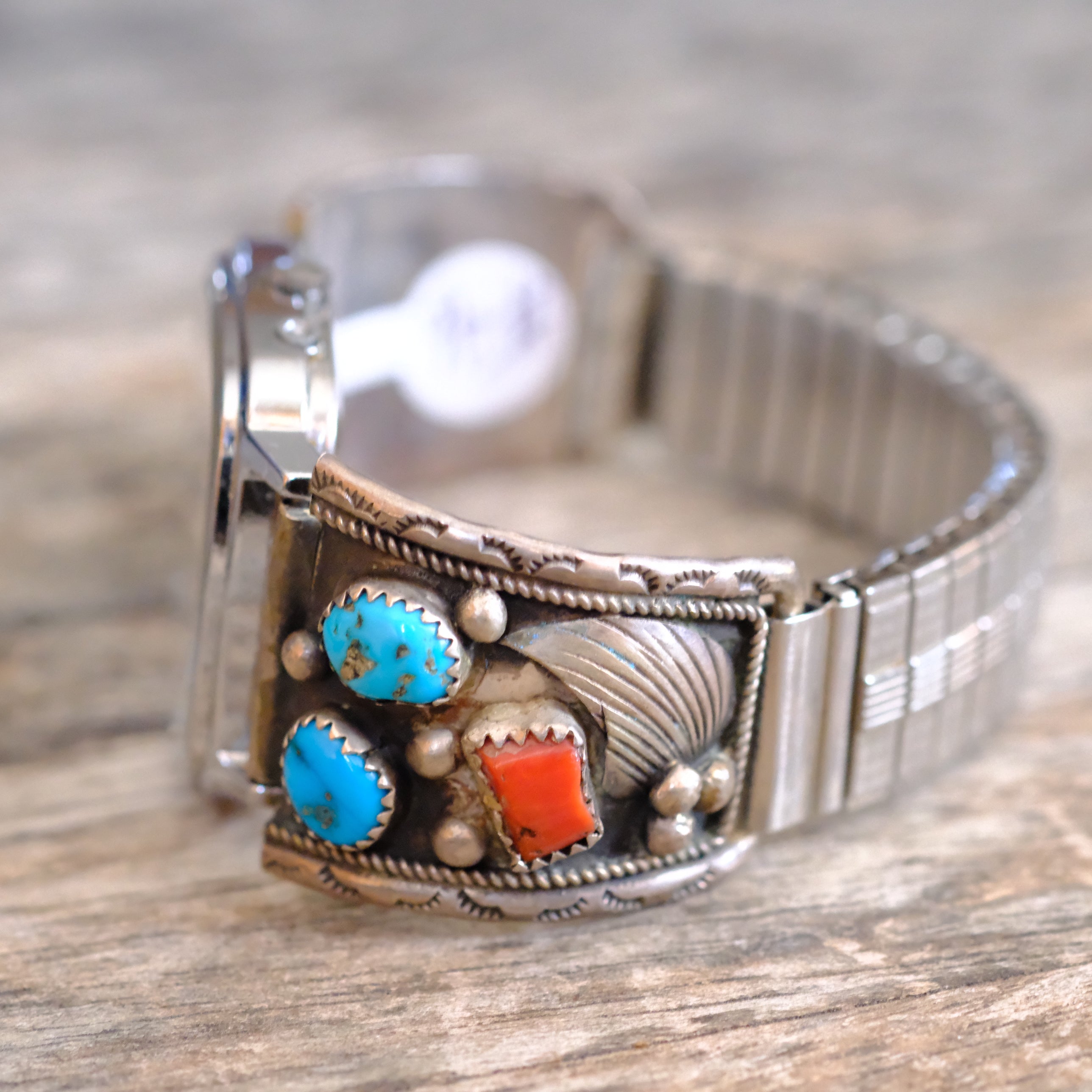 Vintage Sterling Turquoise and Coral Feather Watch