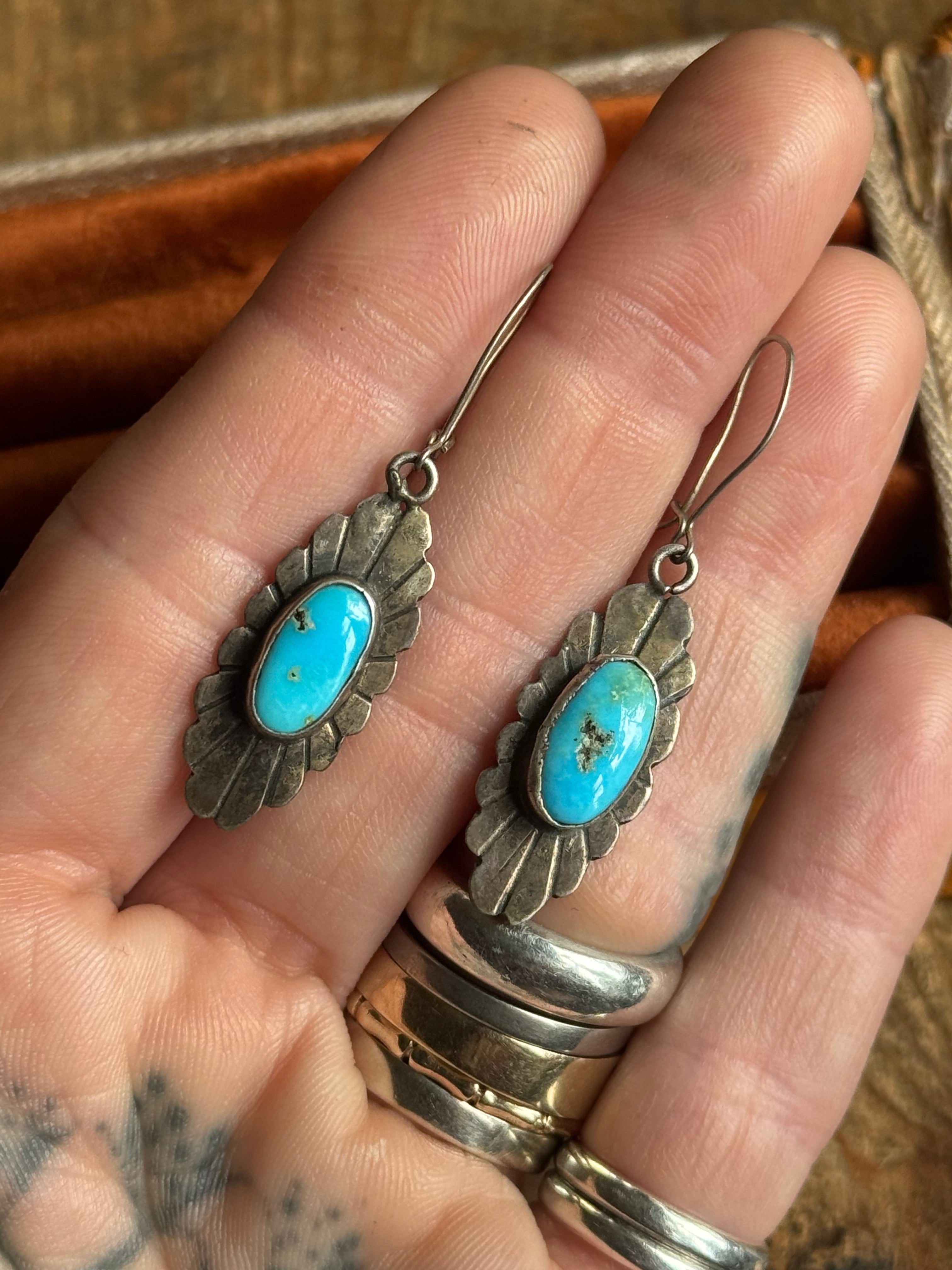 Vintage Sterling Silver Turquoise Fan Earrings