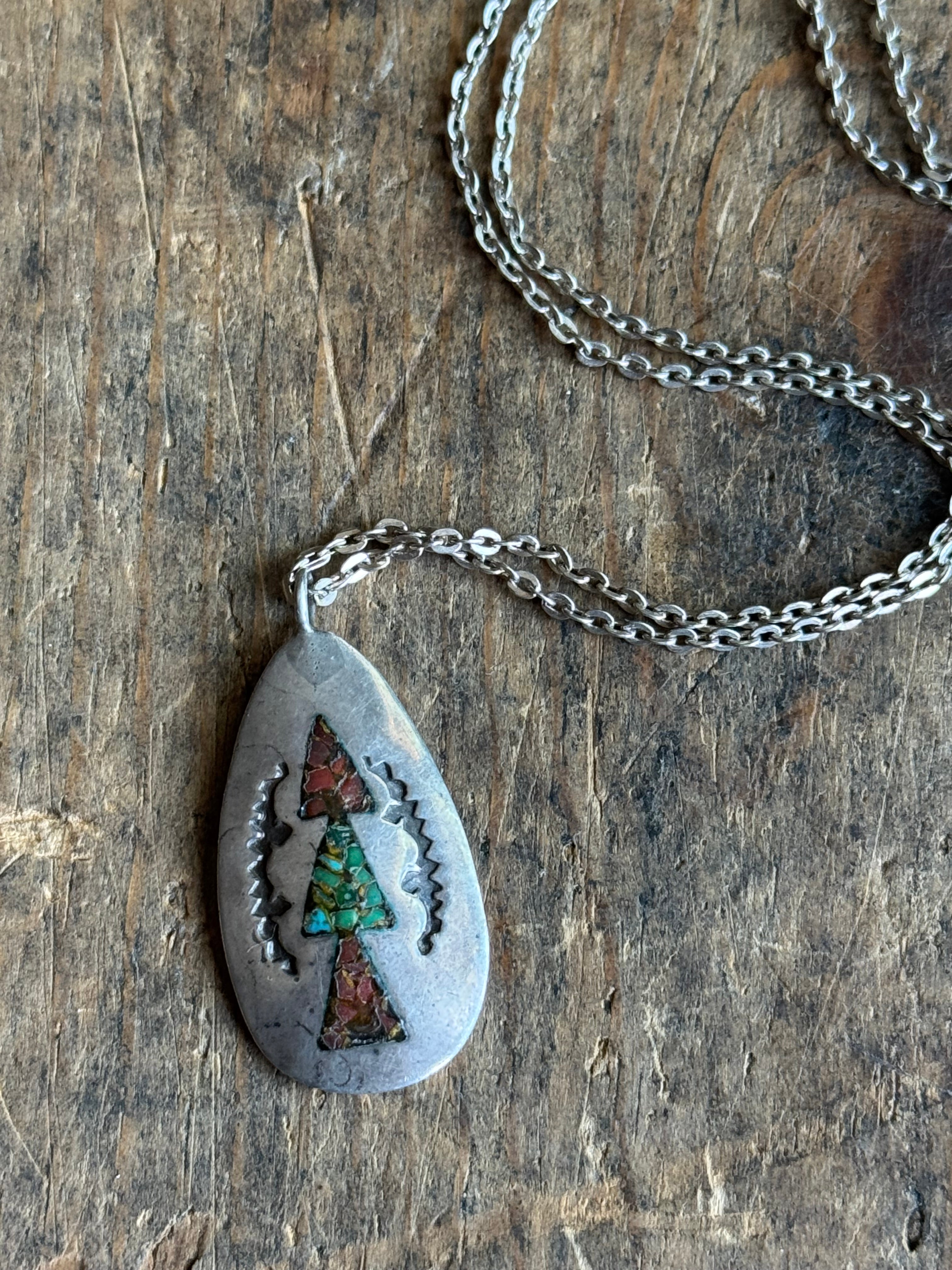 Vintage Sterling Silver Crushed Coral & Turquoise Inlay Teardrop Necklace