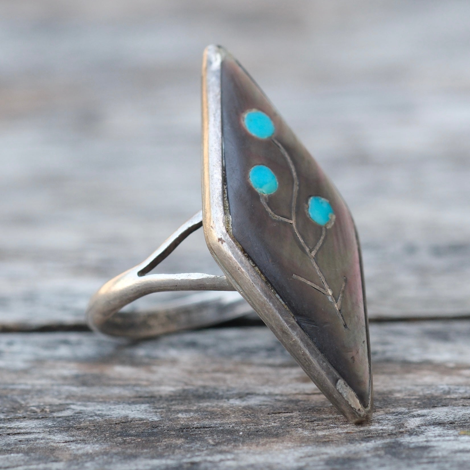 Vintage Sterling Zuni Inlay Flower Ring 8.25