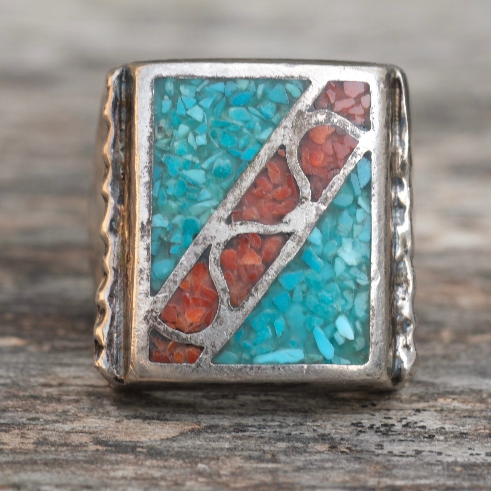 Vintage Sterling Turquoise and Coral Inlay Ring 12