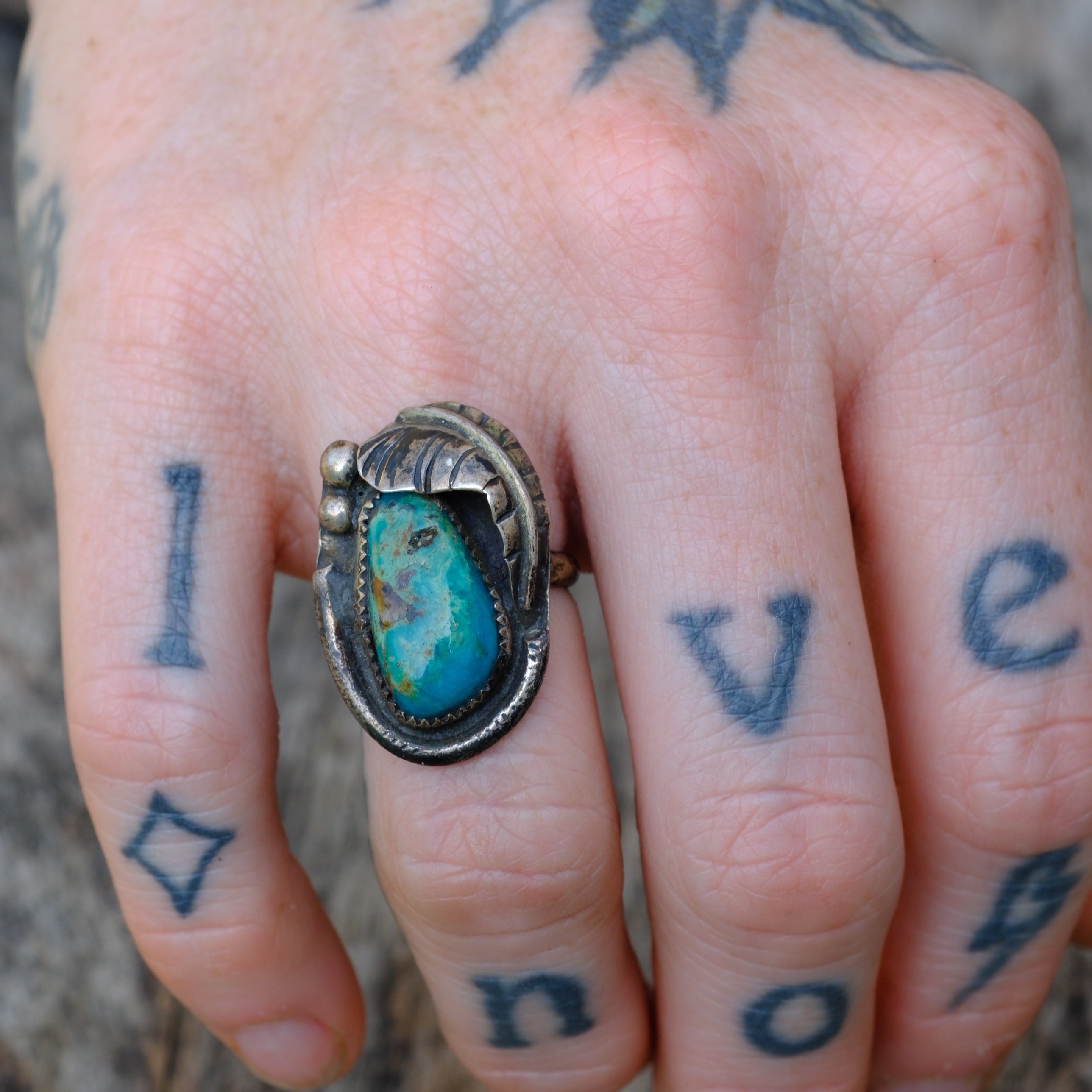 Vintage Sterling Turquoise Feather Ring 5.25