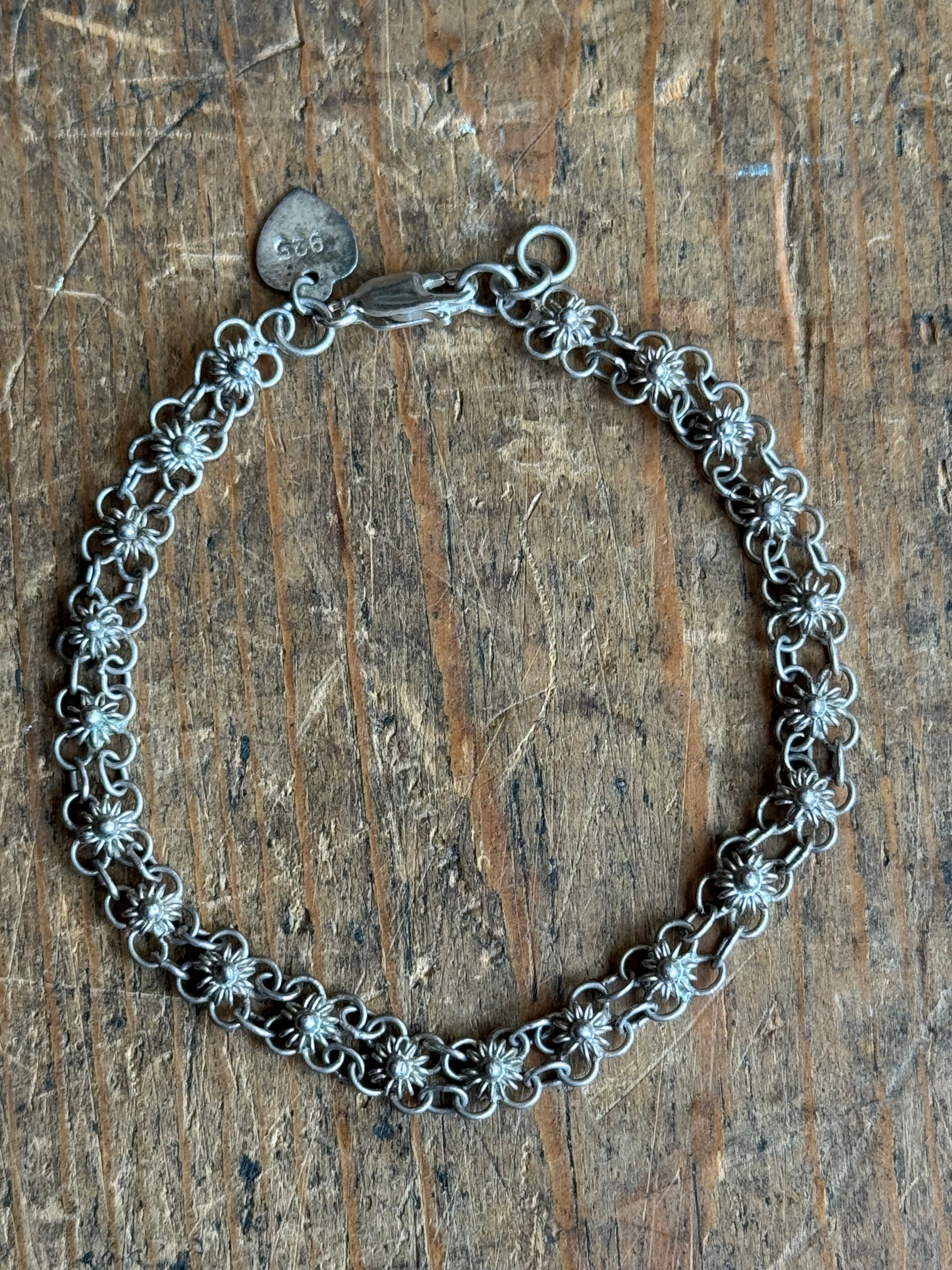 Vintage Sterling Silver 6.75” Flower Link Chain Bracelet