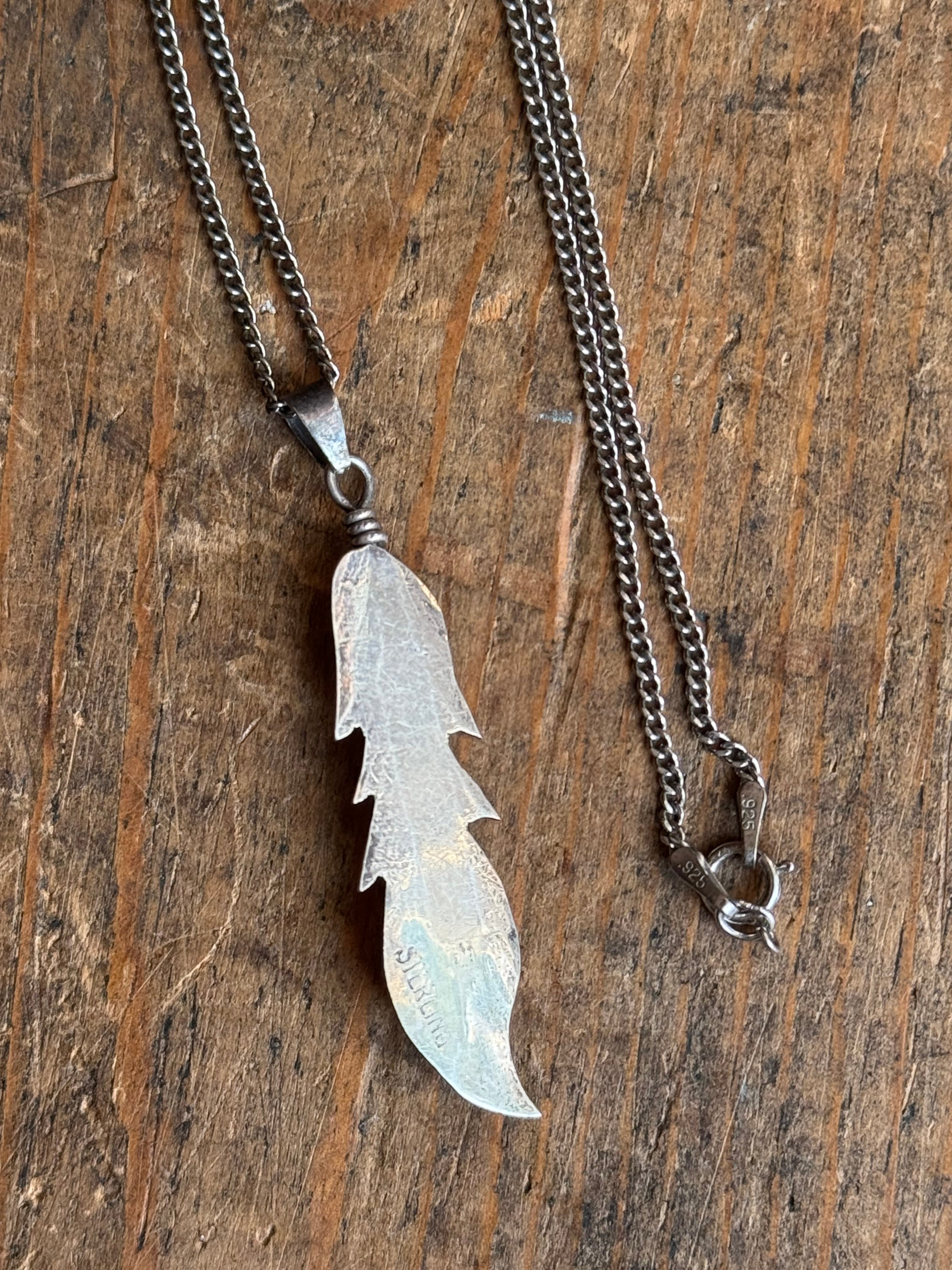 Vintage Sterling Silver Multistone Inlay Feather 20" Necklace