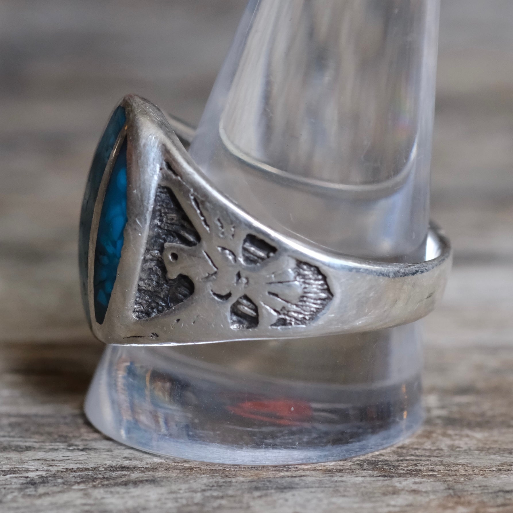 Vintage Sterling Crushed Turquoise Inlay Thunderbird Ring 11.75