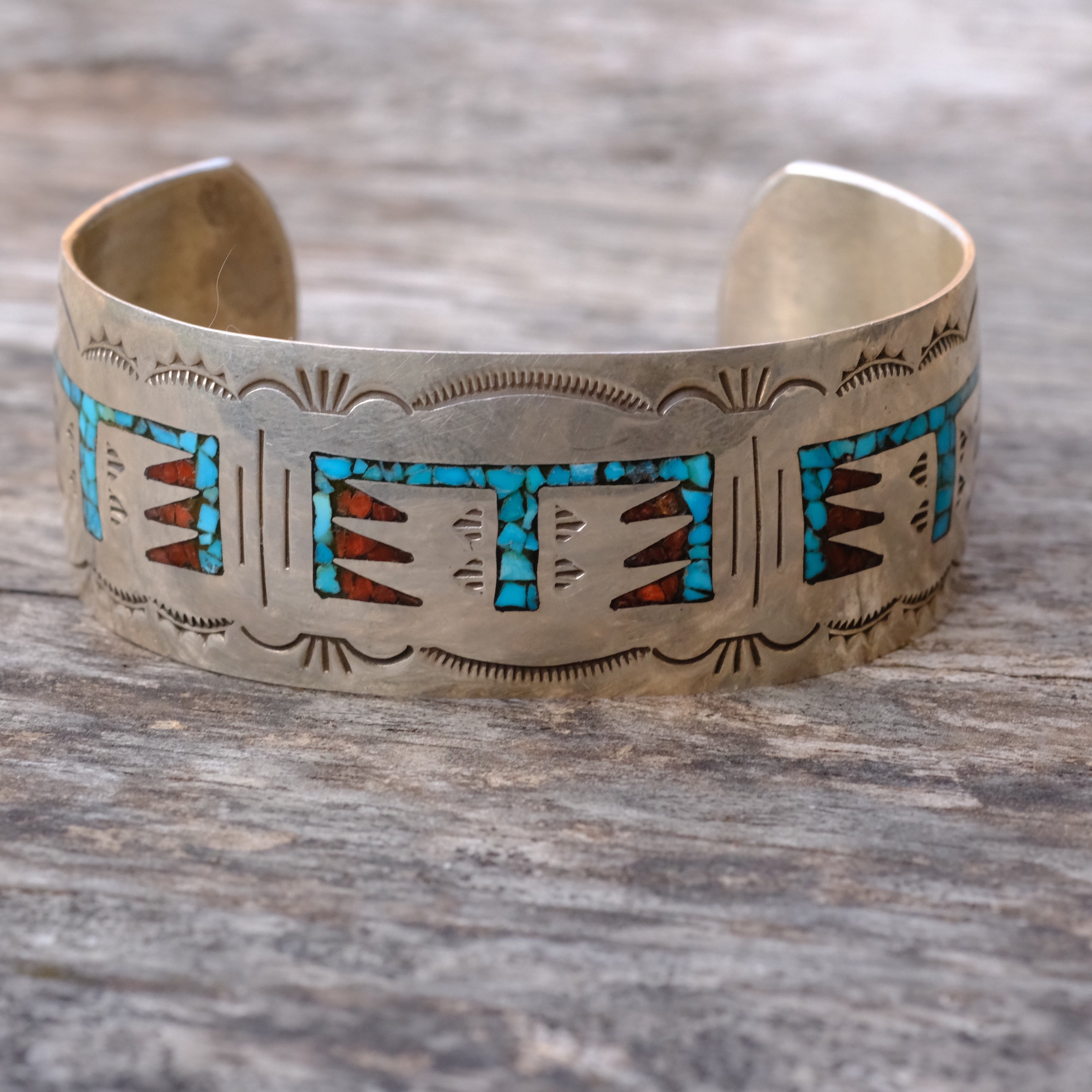 Vintage Sterling Turquoise and Coral Inlay Wide Cuff Bracelet