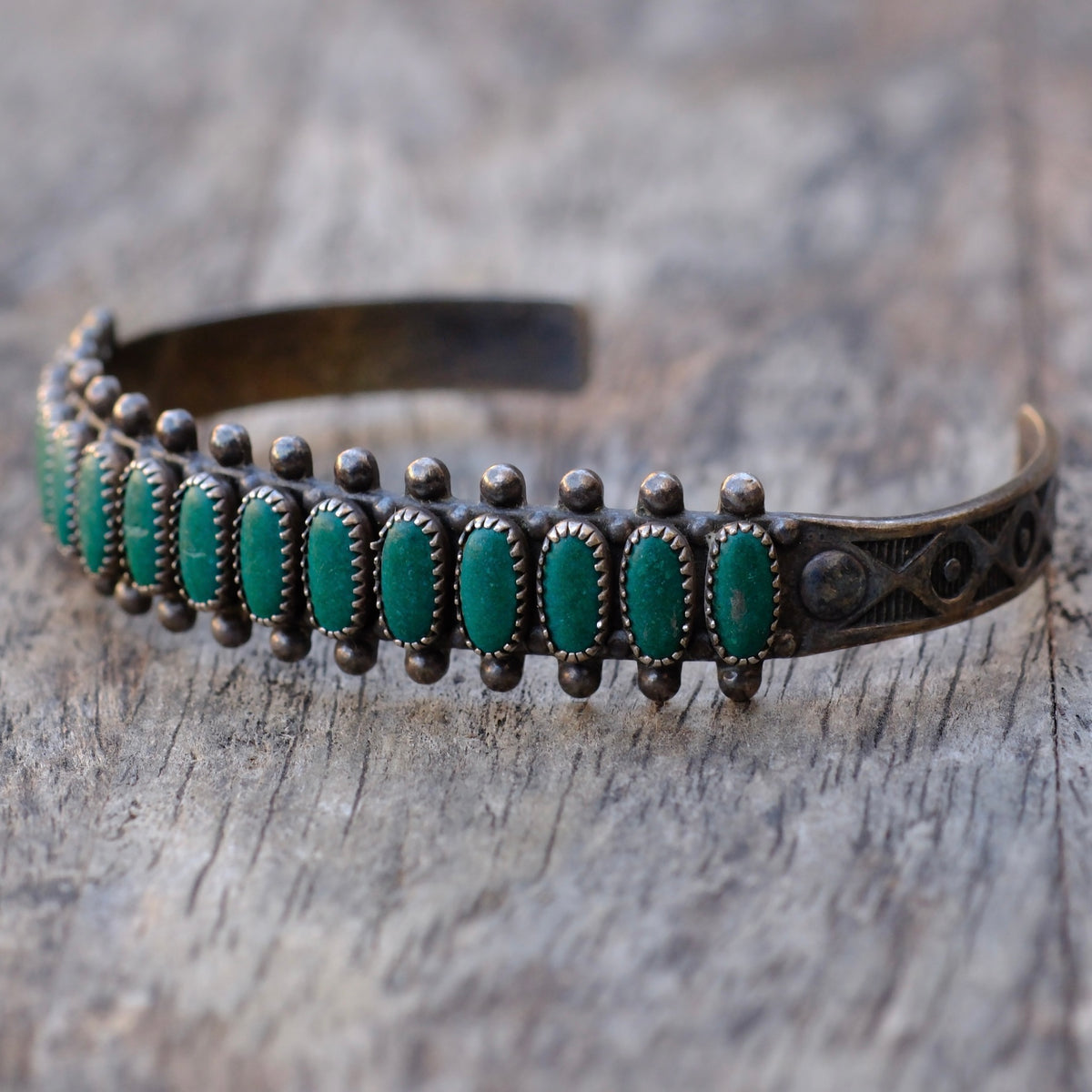 Vintage Sterling Turquoise Row Stamped Cuff Bracelet