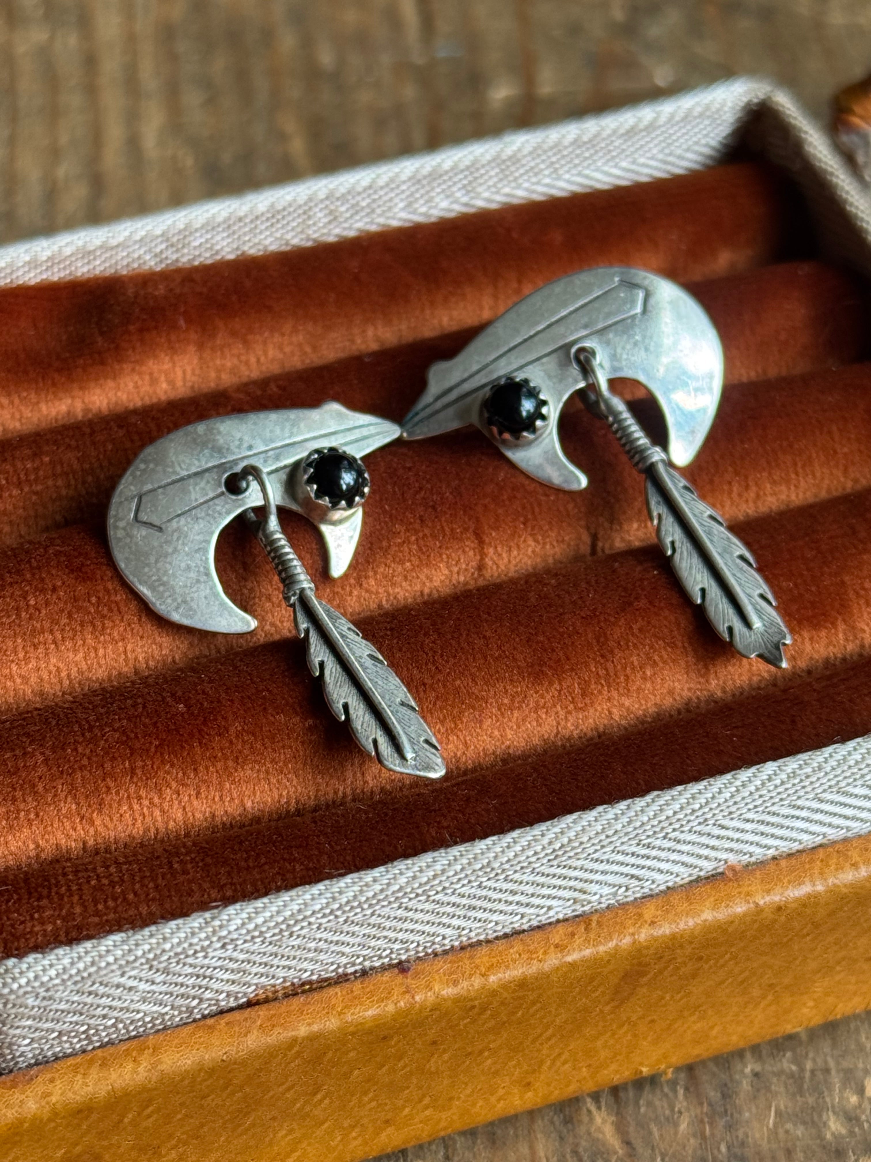 Vintage Sterling Silver Onyx Bear Feather Earrings