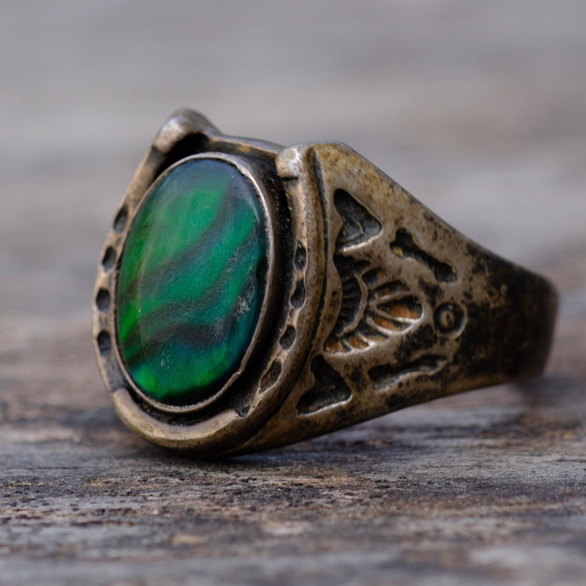 Vintage Sterling Blue Abalone Horseshoe Ring 12