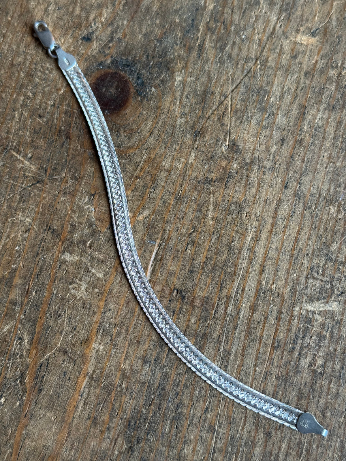 Vintage Sterling Silver Etched Herringbone Chain Bracelet