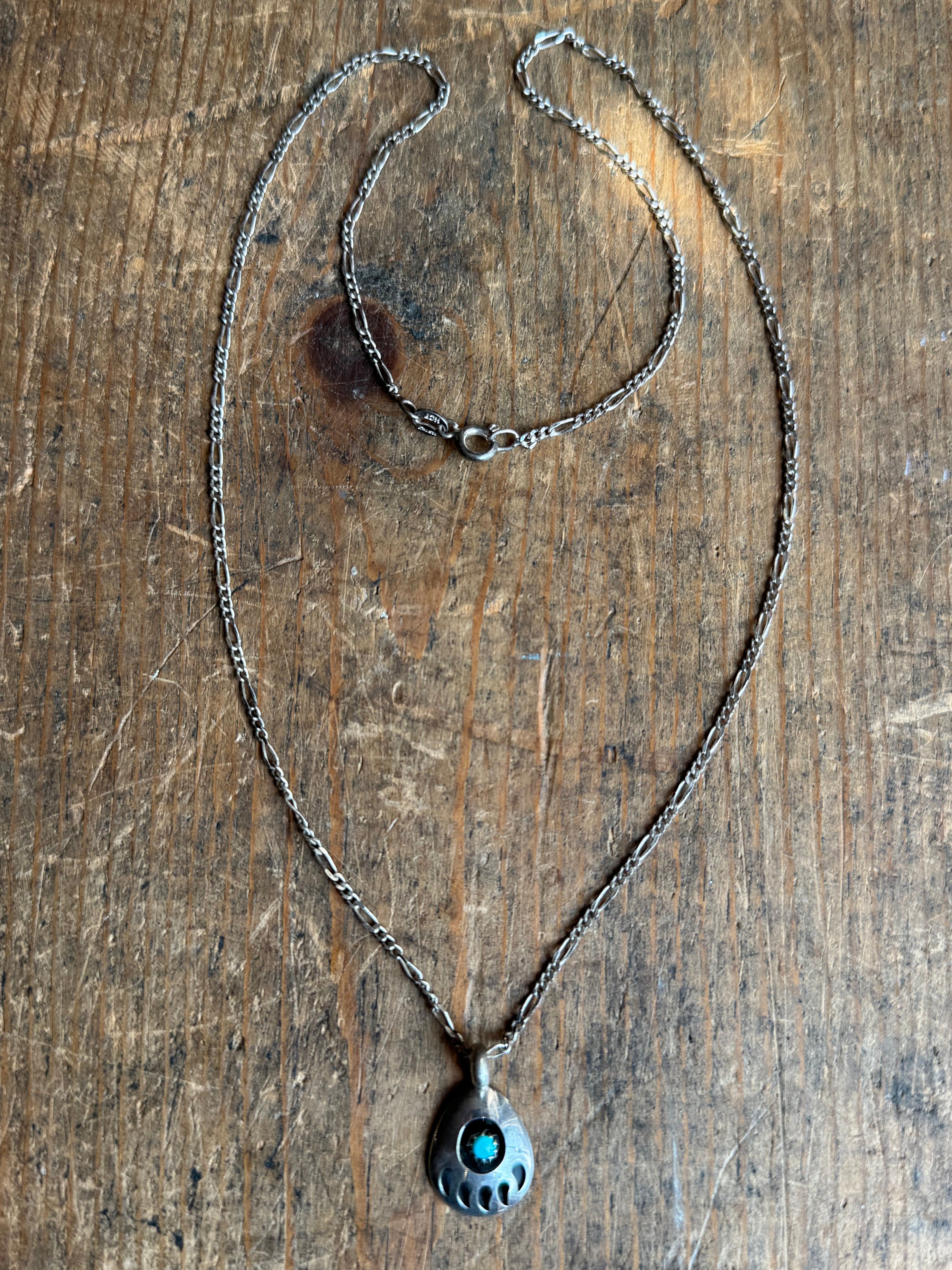 Vintage Sterling Silver Turquoise Bear Claw 20" Necklace