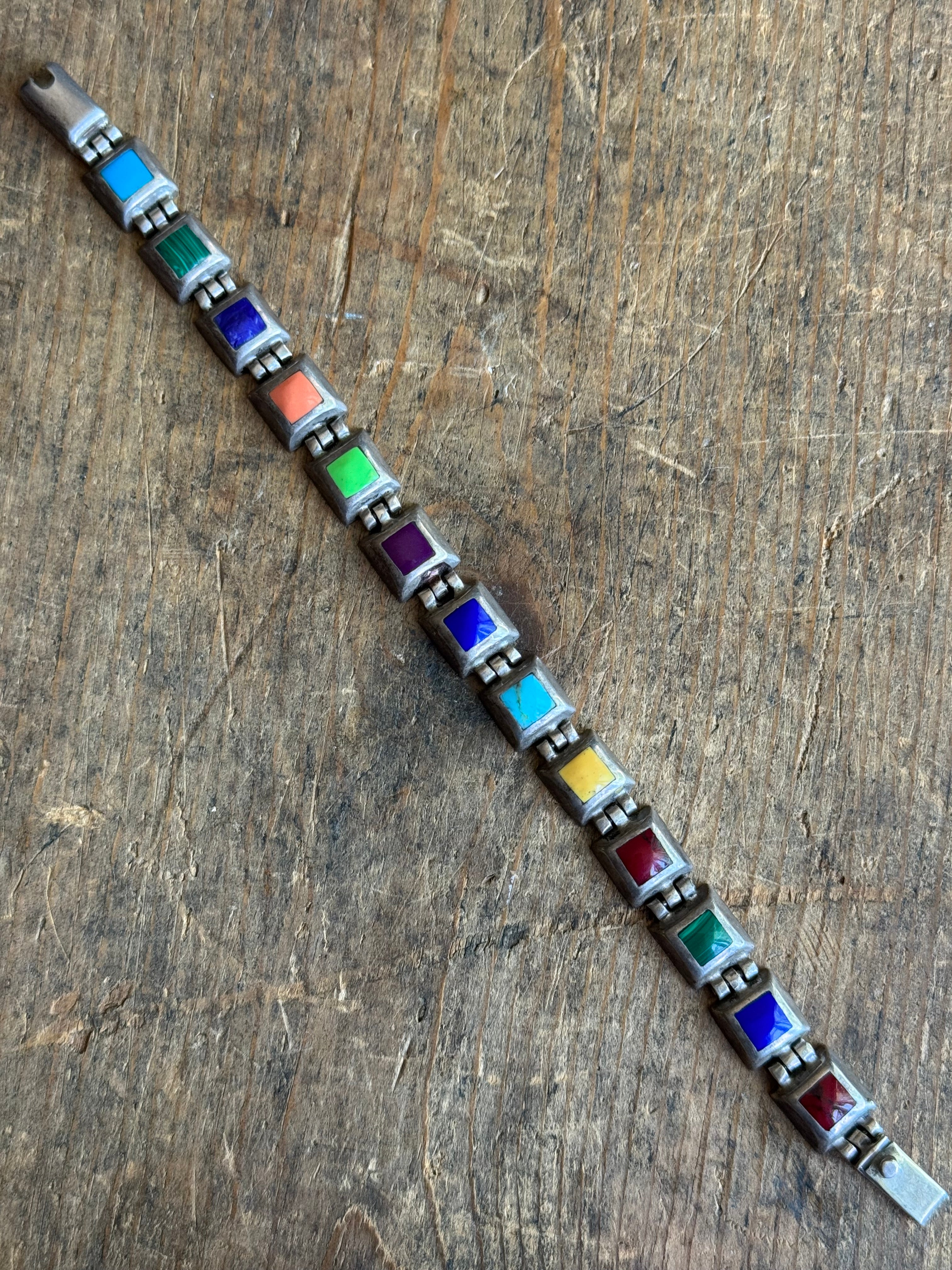 Vintage Sterling Silver Multistone Inlay Square Link Bracelet 8"