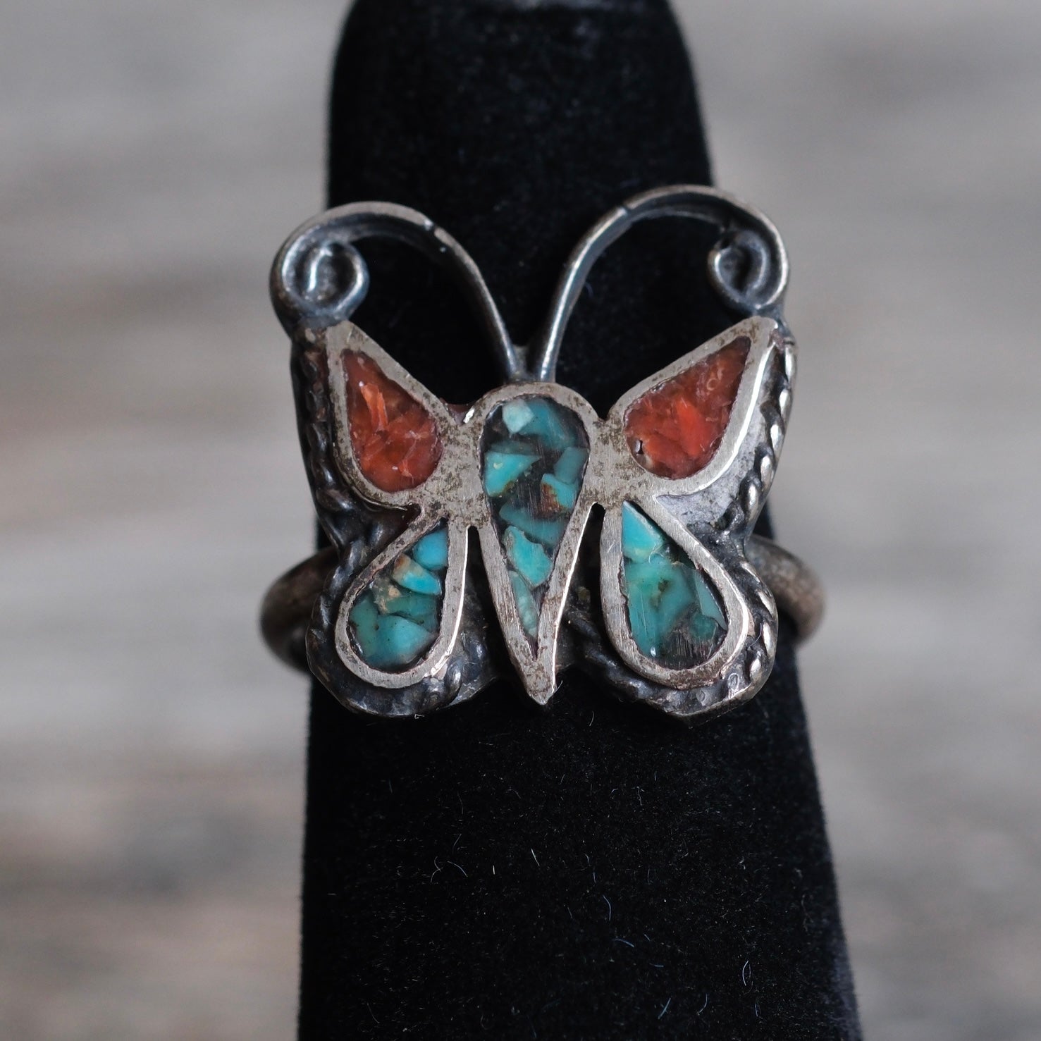 Vintage Sterling Turquoise and Coral Butterfly Ring 5