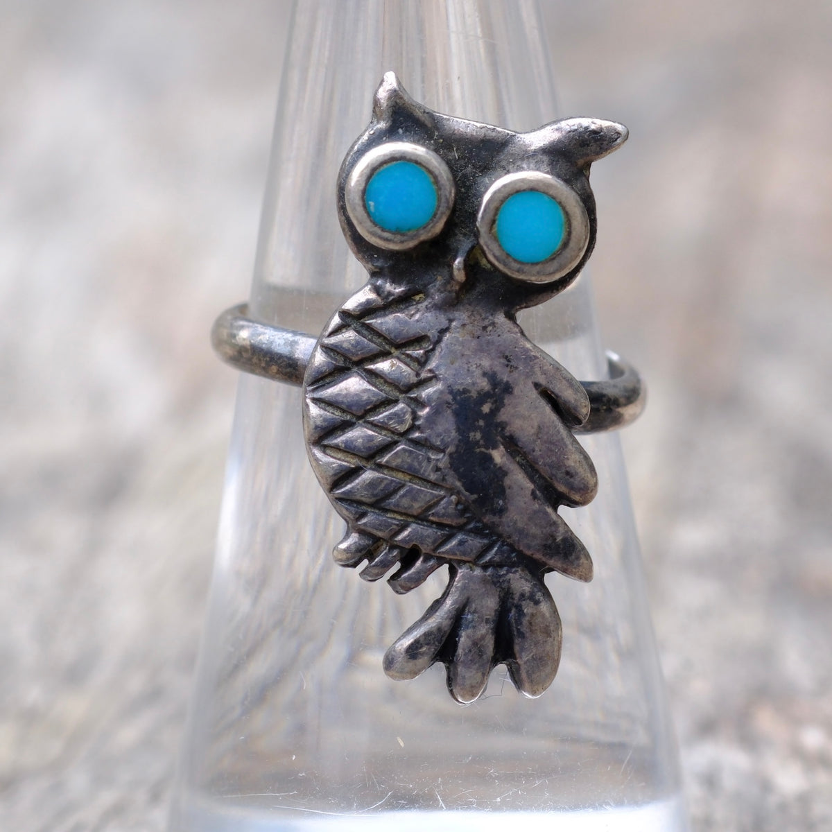 Vintage Sterling Turquoise Owl Ring 6.5