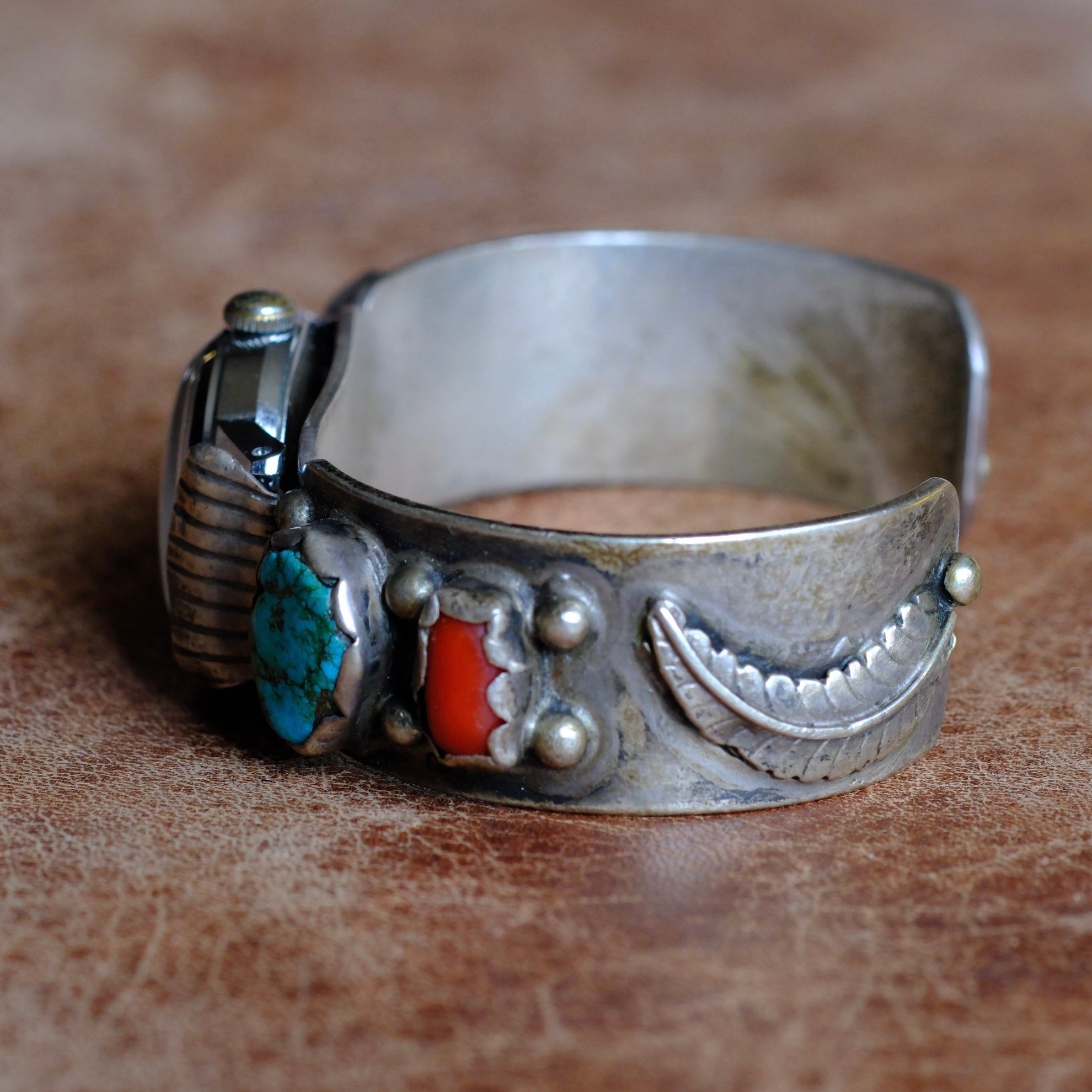 Vintage Sterling Turquoise and Coral Watch Cuff Bracelet