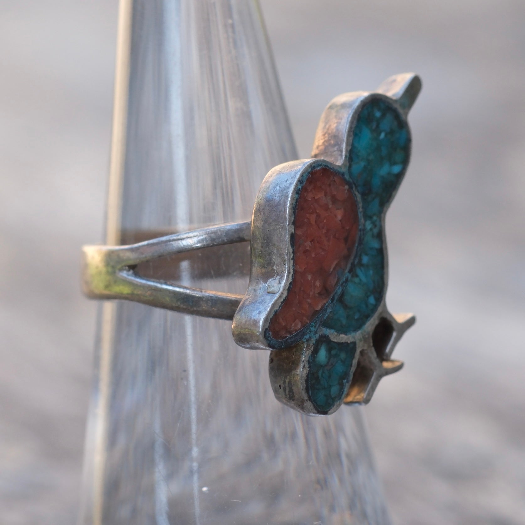 Vintage Sterling Turquoise and Coral Bird Ring 6