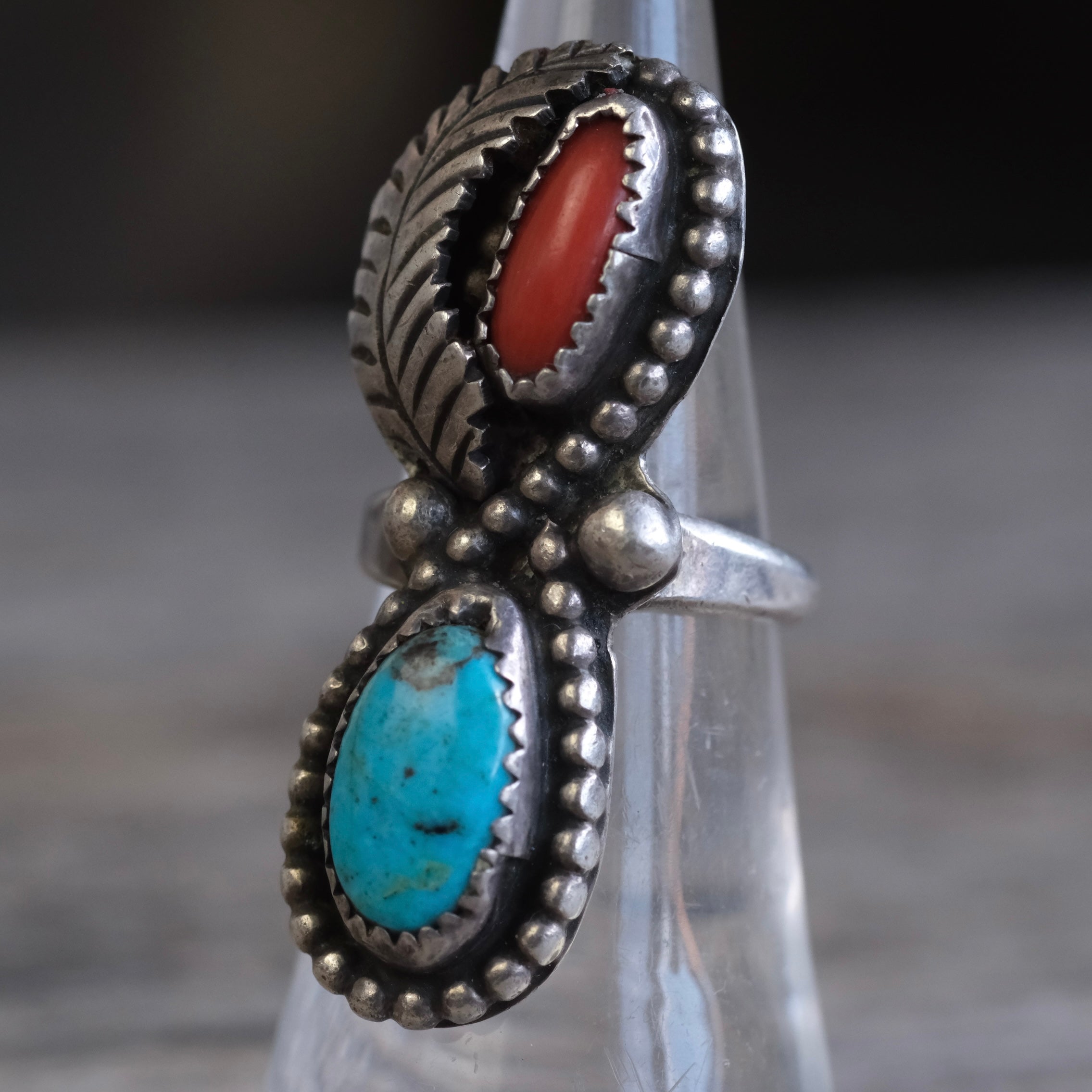 Vintage Sterling Turquoise and Coral Feather Ring 5.5
