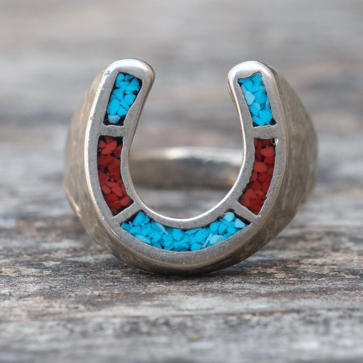 Vintage Sterling Silver Plated Turquoise and Coral Inlay Lucky Horseshoe Ring 8.5