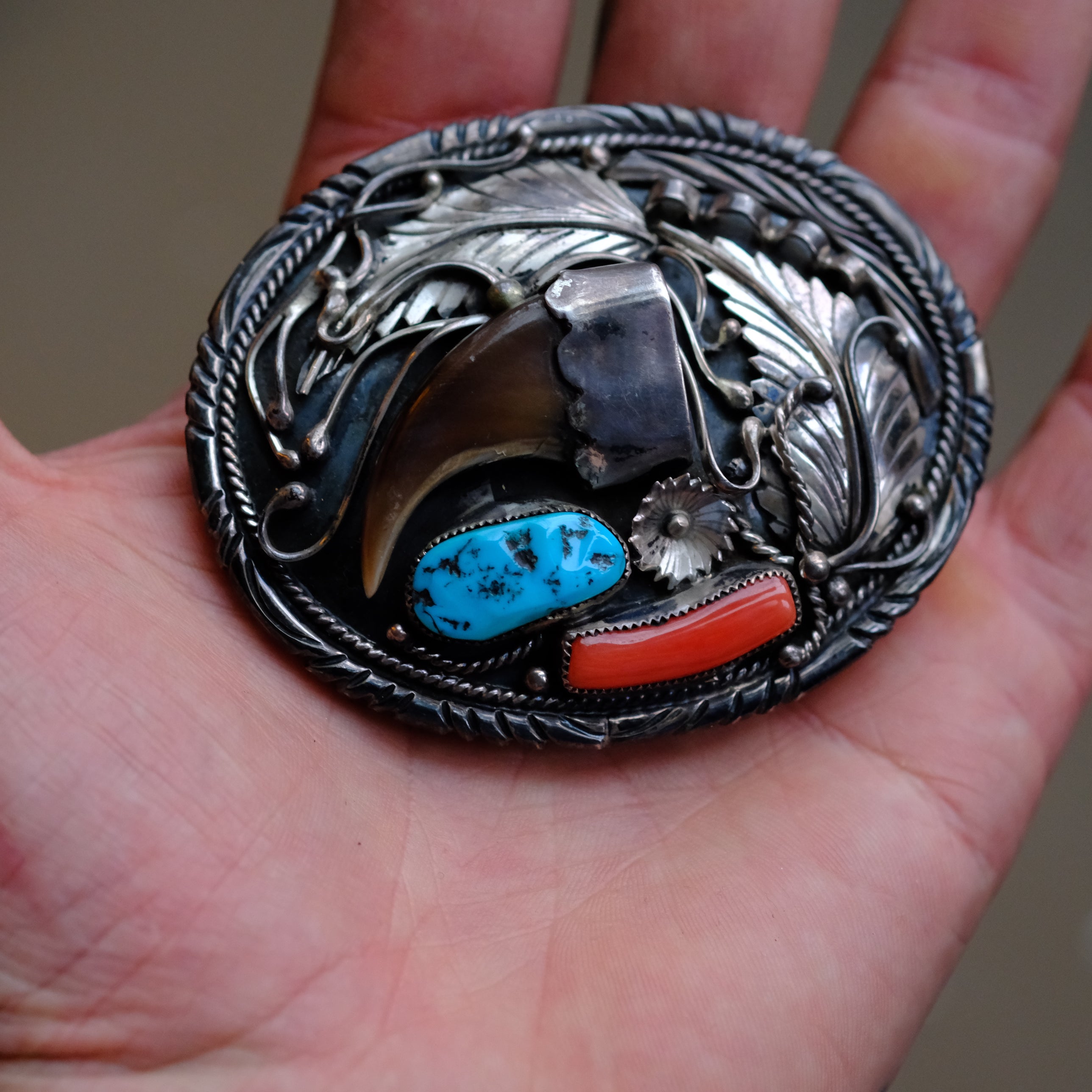 Vintage Sterling Turquoise and Coral Bear Claw Belt Buckle