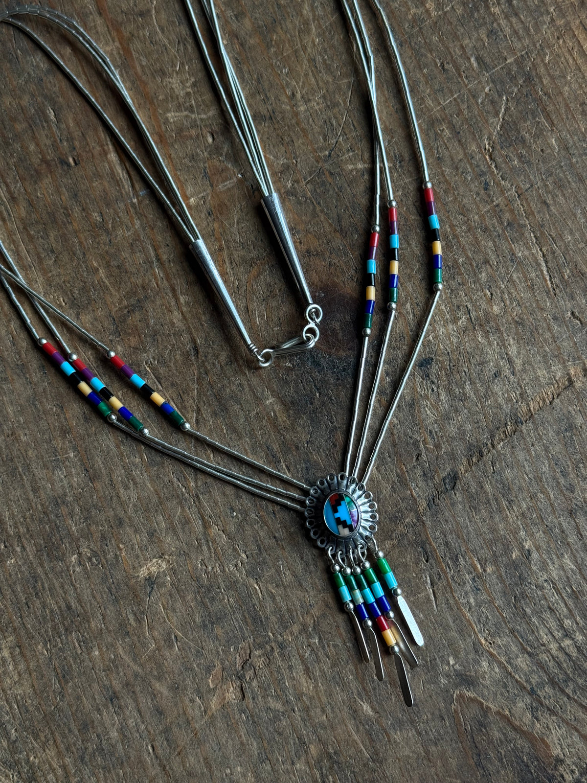 Vintage Sterling Silver Liquid Silver Beaded Multistone Inlay Concho Necklace