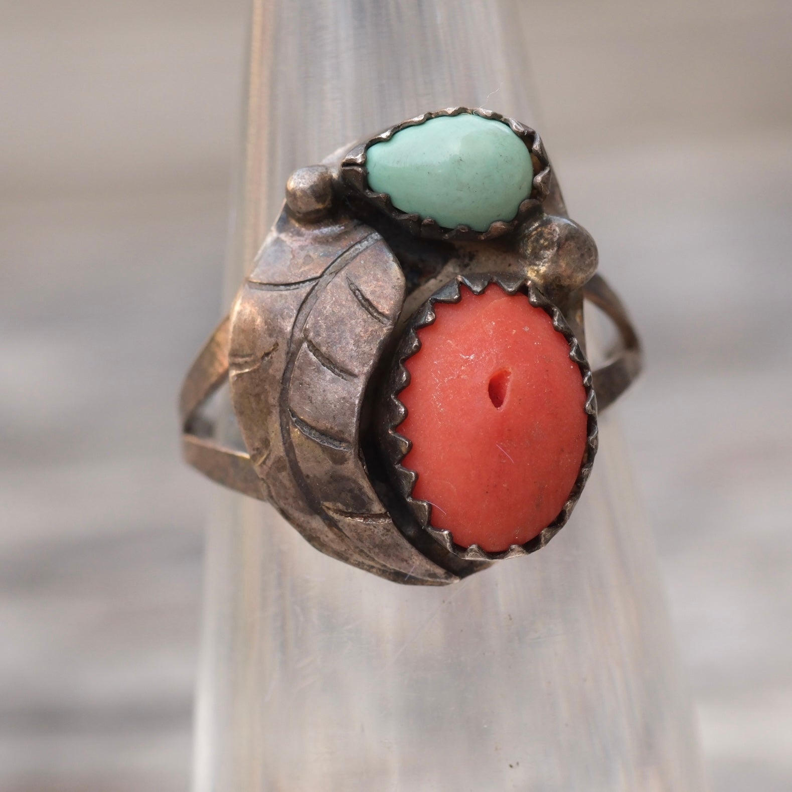 Vintage Sterling Turquoise and Coral Feather Ring 4.75
