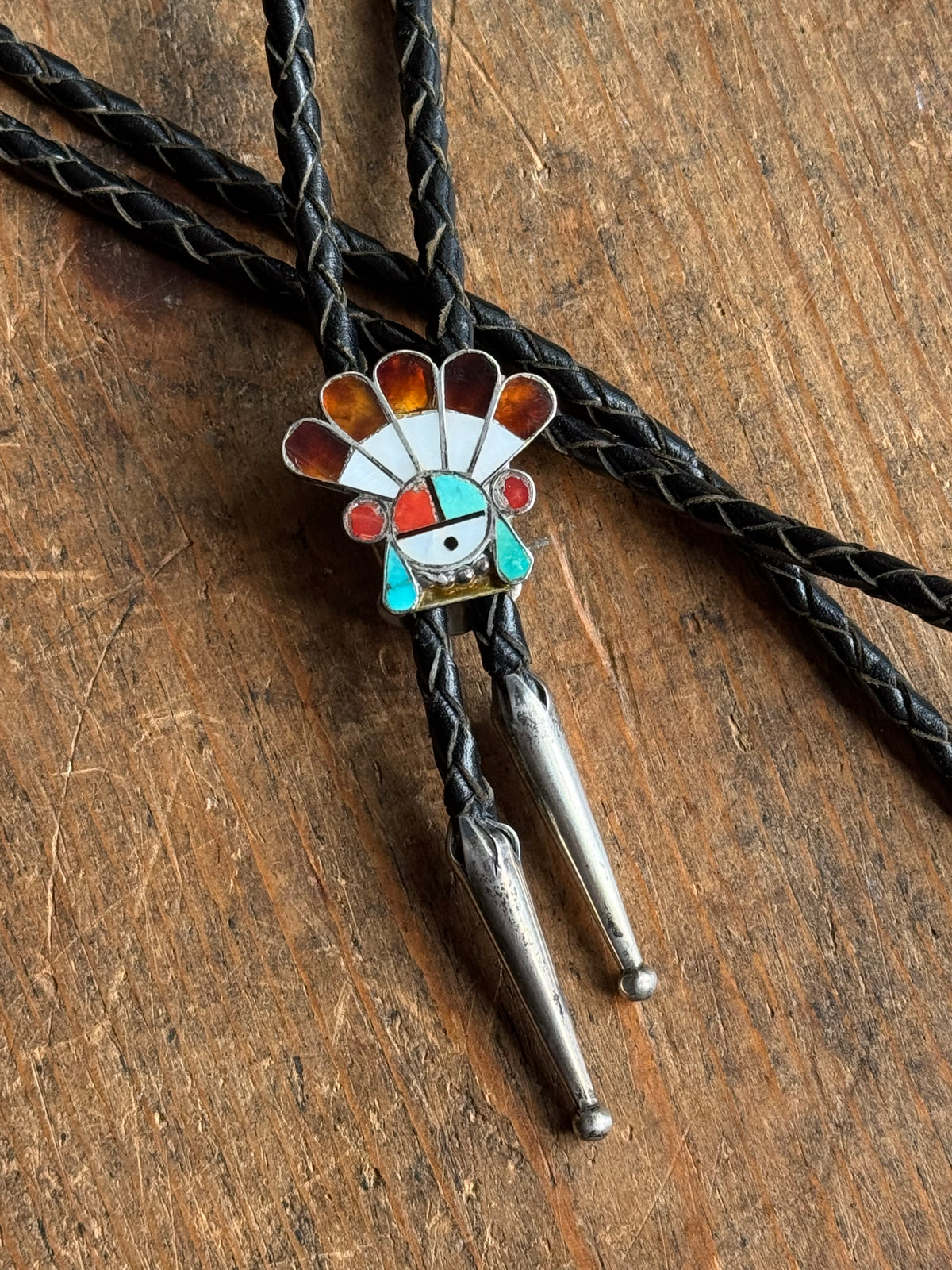 Vintage Sterling Silver Multistone Inly Sunface Warbonnet Bolo
