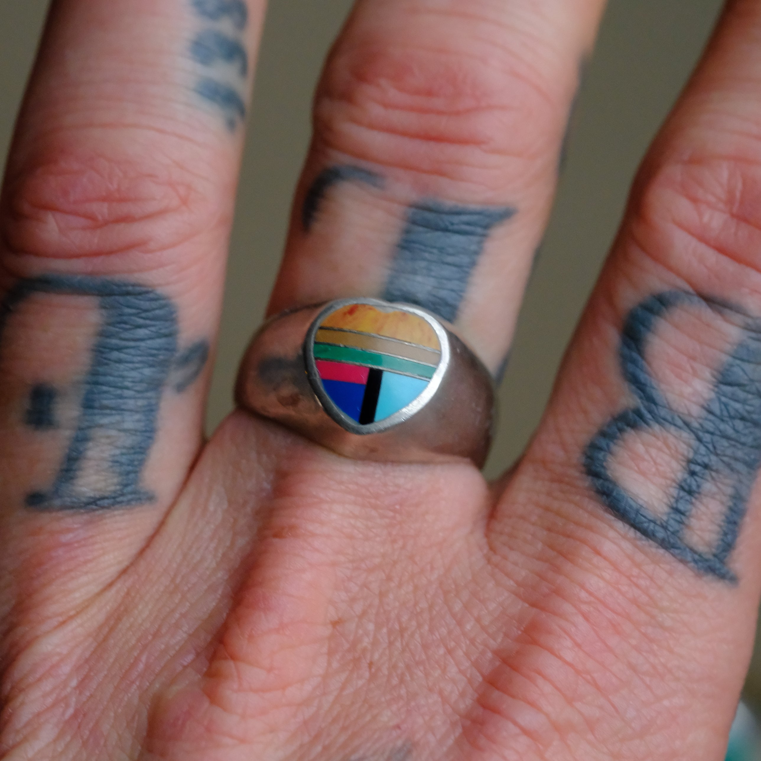 Vintage Sterling Multistone Inlay Ring 9.75