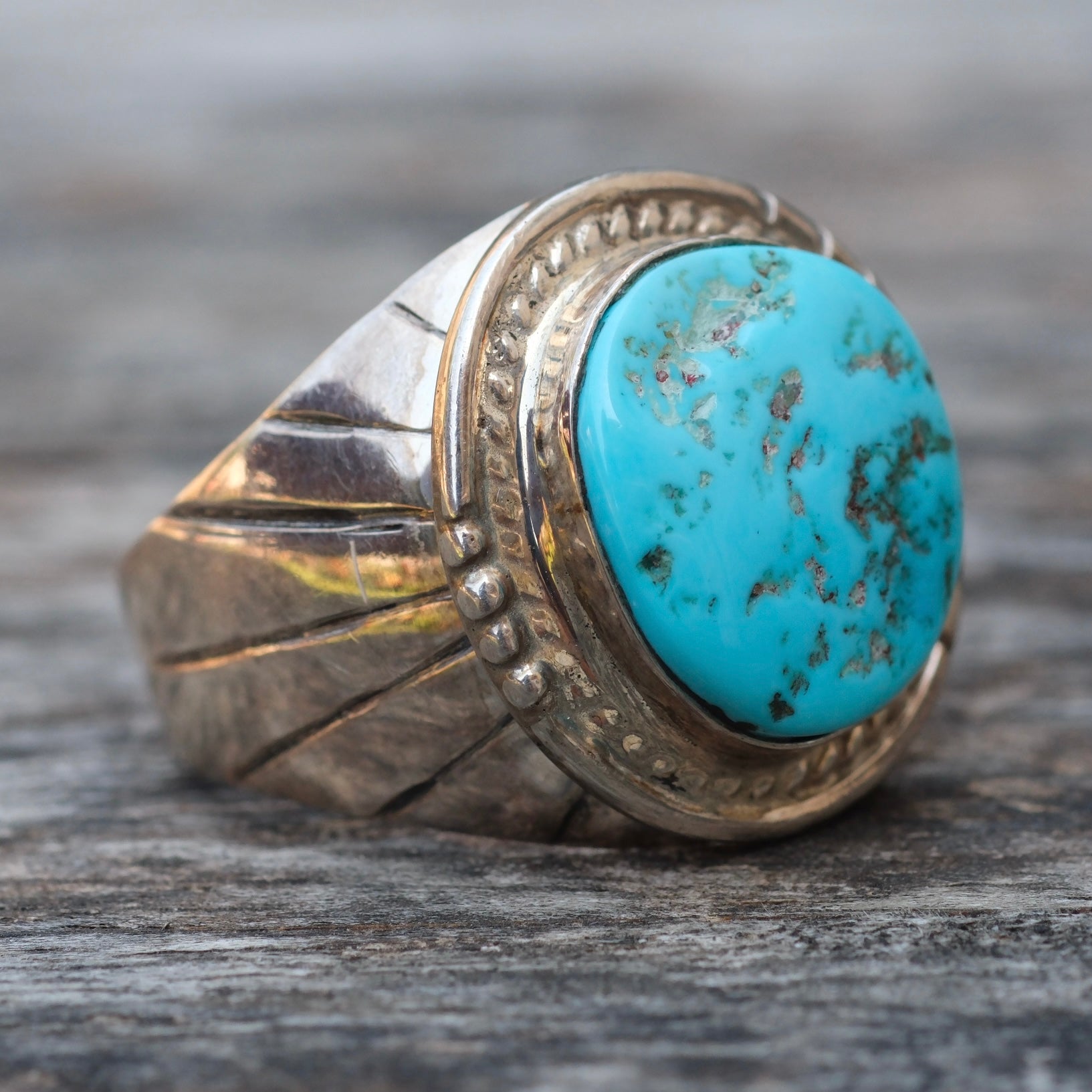 Vintage Sterling Turquoise Ribbed Band Ring 12.25