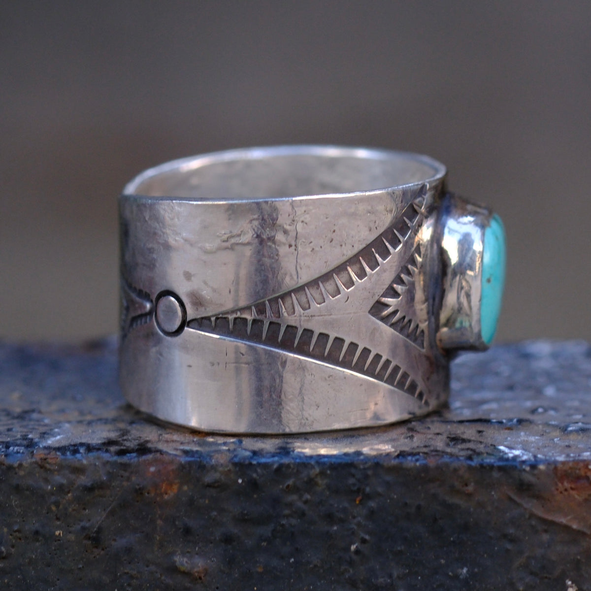 Sterling Silver Natural Lone Mountain Turquoise Stamped Cigar Band Ring 10.5