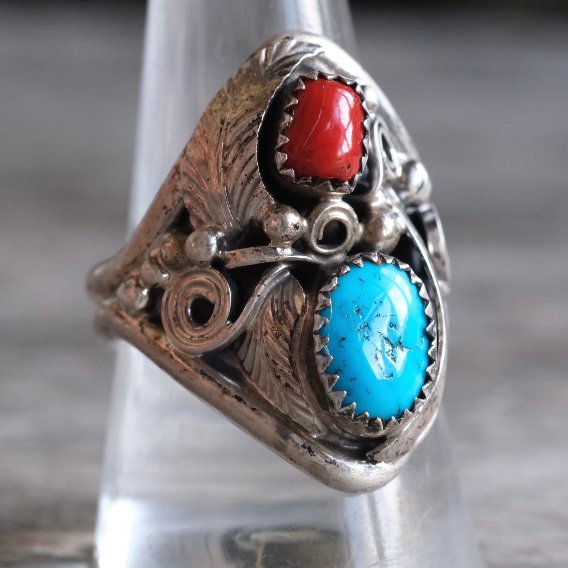 Vintage Sterling Turquoise and Coral Feather Ring 10.25