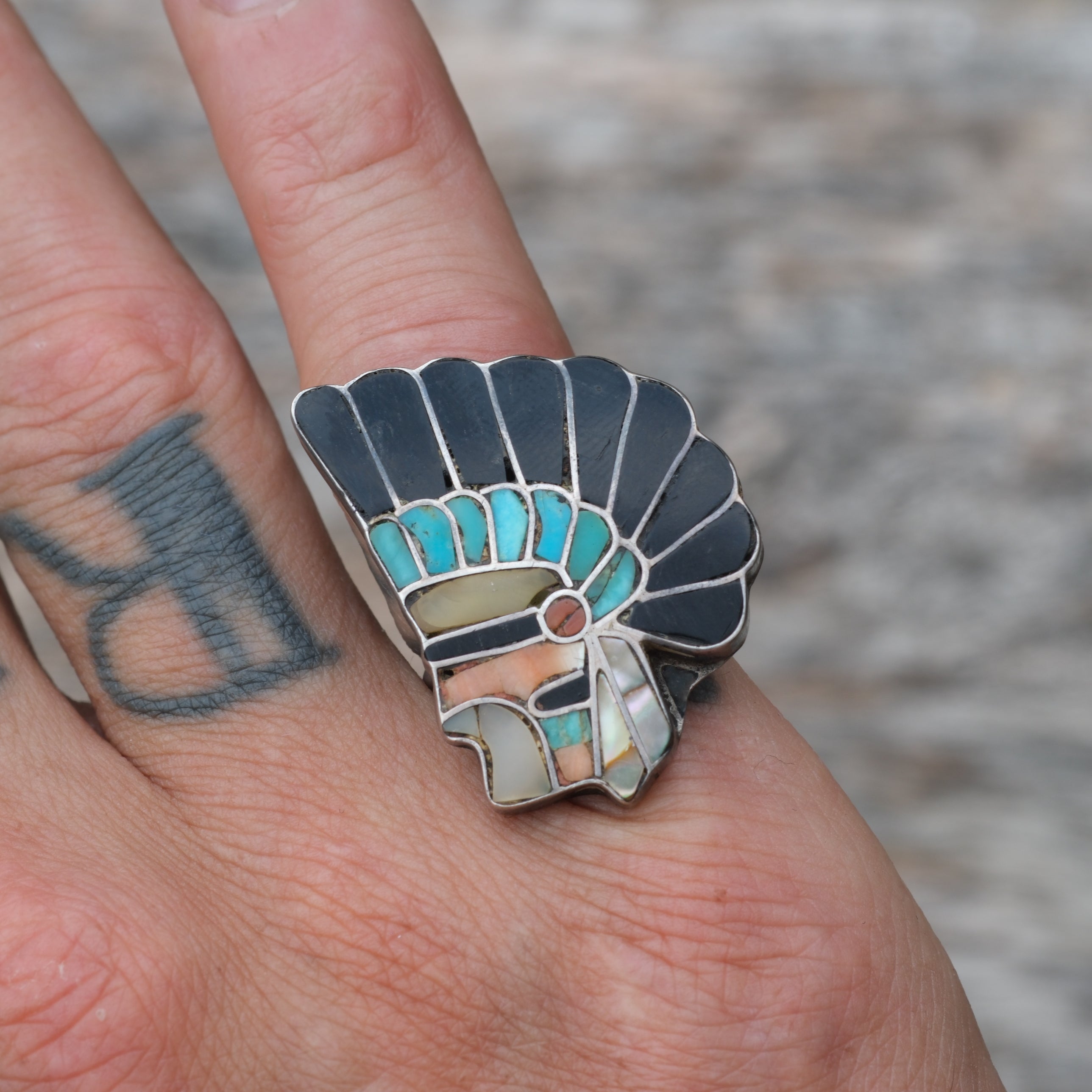 OLDER Vintage Sterling Zuni Inlay Chief Ring 7